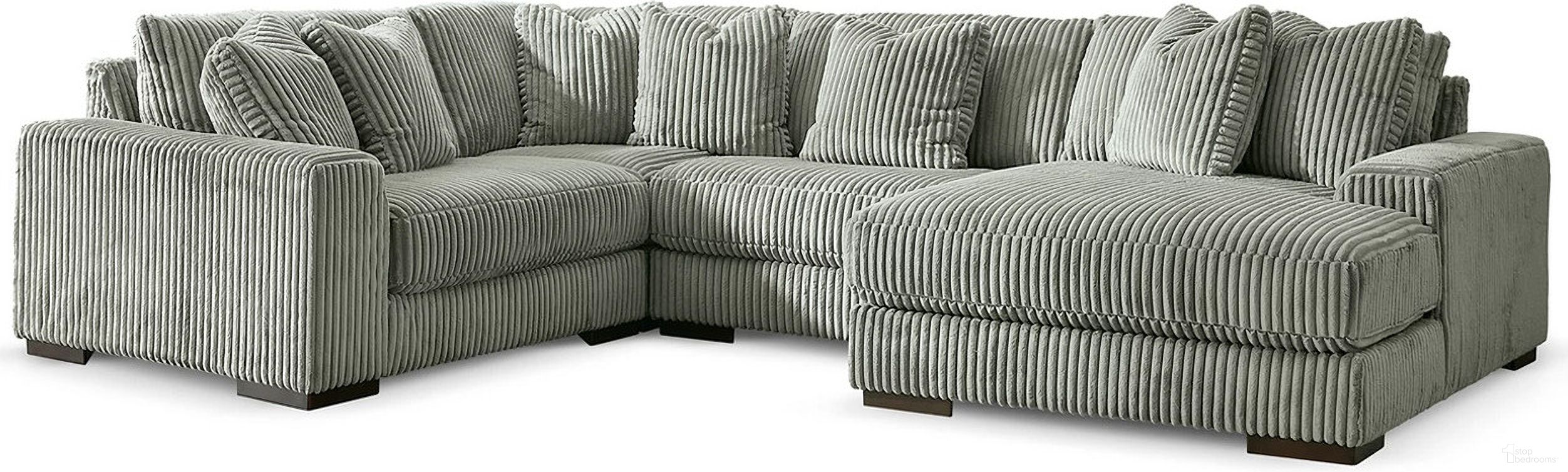 The appearance of Lindyn 4-Piece Sectional with RAF Chaise In Fog designed by Signature Design by Ashley in the modern / contemporary interior design. This fog piece of furniture  was selected by 1StopBedrooms from Lindyn Collection to add a touch of cosiness and style into your home. Sku: 2110517;2110546;2110564;2110577. Material: Polyester. Orientation: RAF.