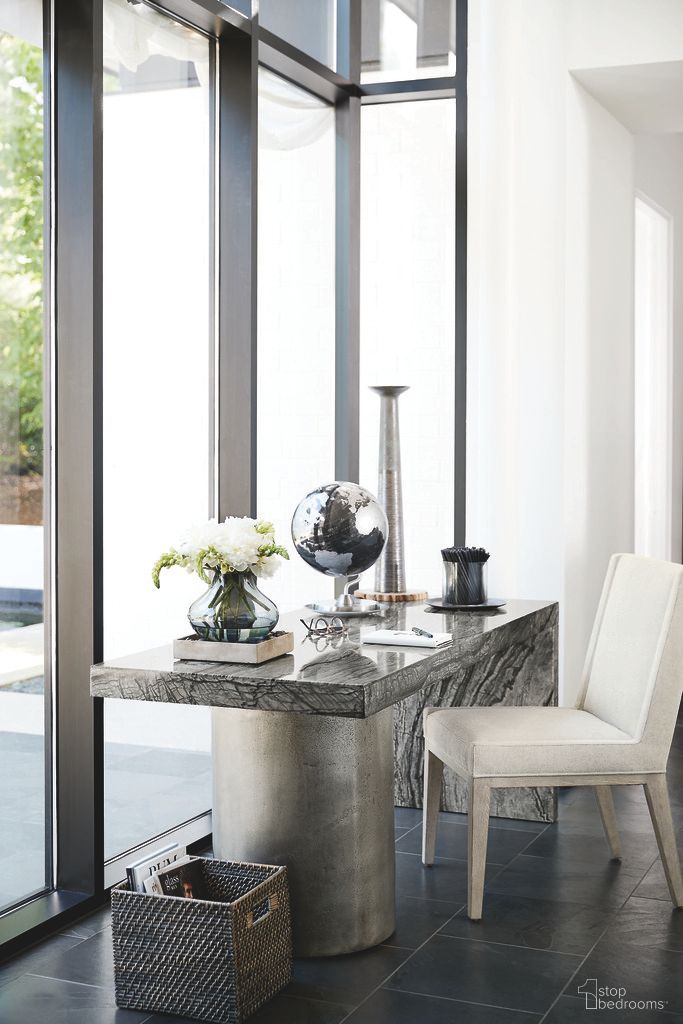 The appearance of Linea Desk Home Office Set designed by Bernhardt in the modern / contemporary interior design. This black forest marble/textured graphite metal piece of furniture was selected by 1StopBedrooms from Linea Collection to add a touch of cosiness and style into your home. Sku: 384510;384510S;384547G. Material: Aluminum.
