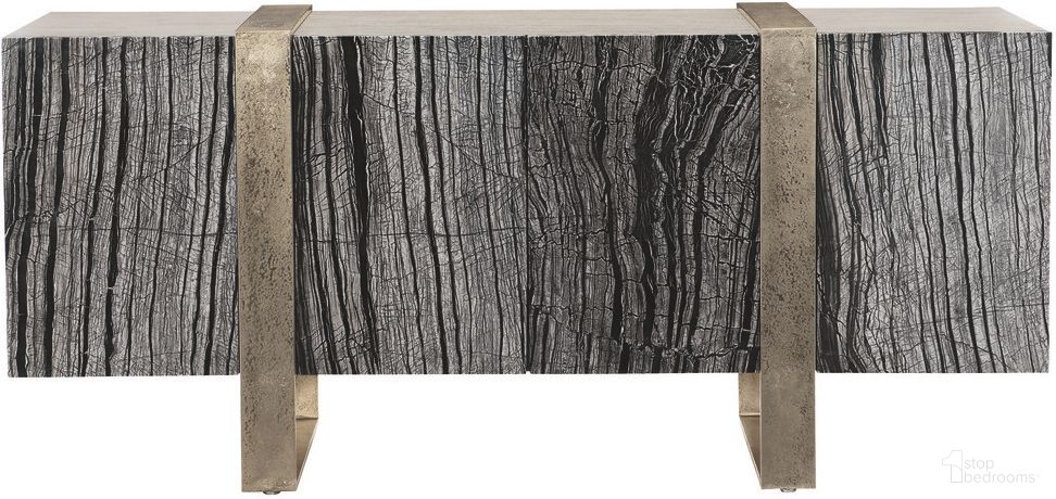 The appearance of Linea Entertainment Console designed by Bernhardt in the modern / contemporary interior design. This black forest marble/textured graphite/cerused greige piece of furniture  was selected by 1StopBedrooms from Linea Collection to add a touch of cosiness and style into your home. Sku: 384875G. Material: Aluminum.