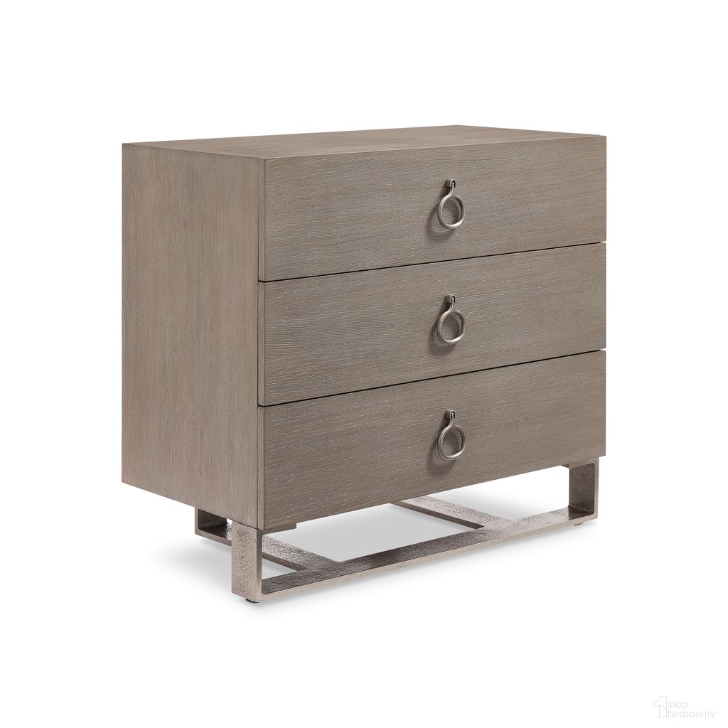 The appearance of Linea Nightstand designed by Bernhardt in the modern / contemporary interior design. This cerused greige/textured graphite metal piece of furniture  was selected by 1StopBedrooms from Linea Collection to add a touch of cosiness and style into your home. Sku: 384232G. Material: Aluminum.