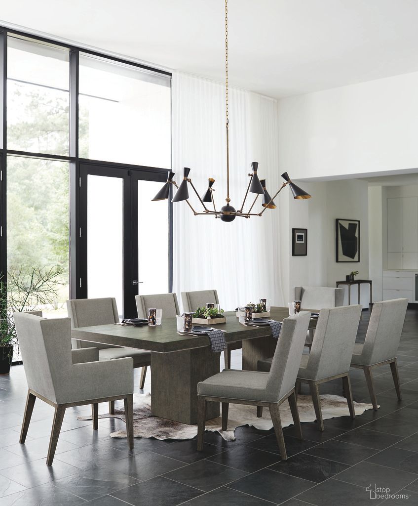 The appearance of Linea Rectangular Dining Room Set in Cerused Charcoal designed by Bernhardt in the modern / contemporary interior design. This cerused charcoal/textured graphite piece of furniture  was selected by 1StopBedrooms from Linea Collection to add a touch of cosiness and style into your home. Sku: 384242B;384244B;384547B;384547B;384547B;384547B;384547B;384547B;384548B;384548B. Table Base Style: Double Pedestal. Material: Fabric.