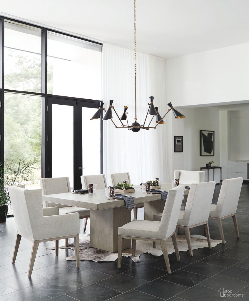 The appearance of Linea Rectangular Dining Room Set in Cerused Greige designed by Bernhardt in the modern / contemporary interior design. This cerused greige/textured graphite piece of furniture was selected by 1StopBedrooms from Linea Collection to add a touch of cosiness and style into your home. Sku: 384242G;384244G;384547G;384547G;384547G;384547G;384547G;384547G;384548G;384548G. Table Base Style: Double Pedestal. Material: Fabric.