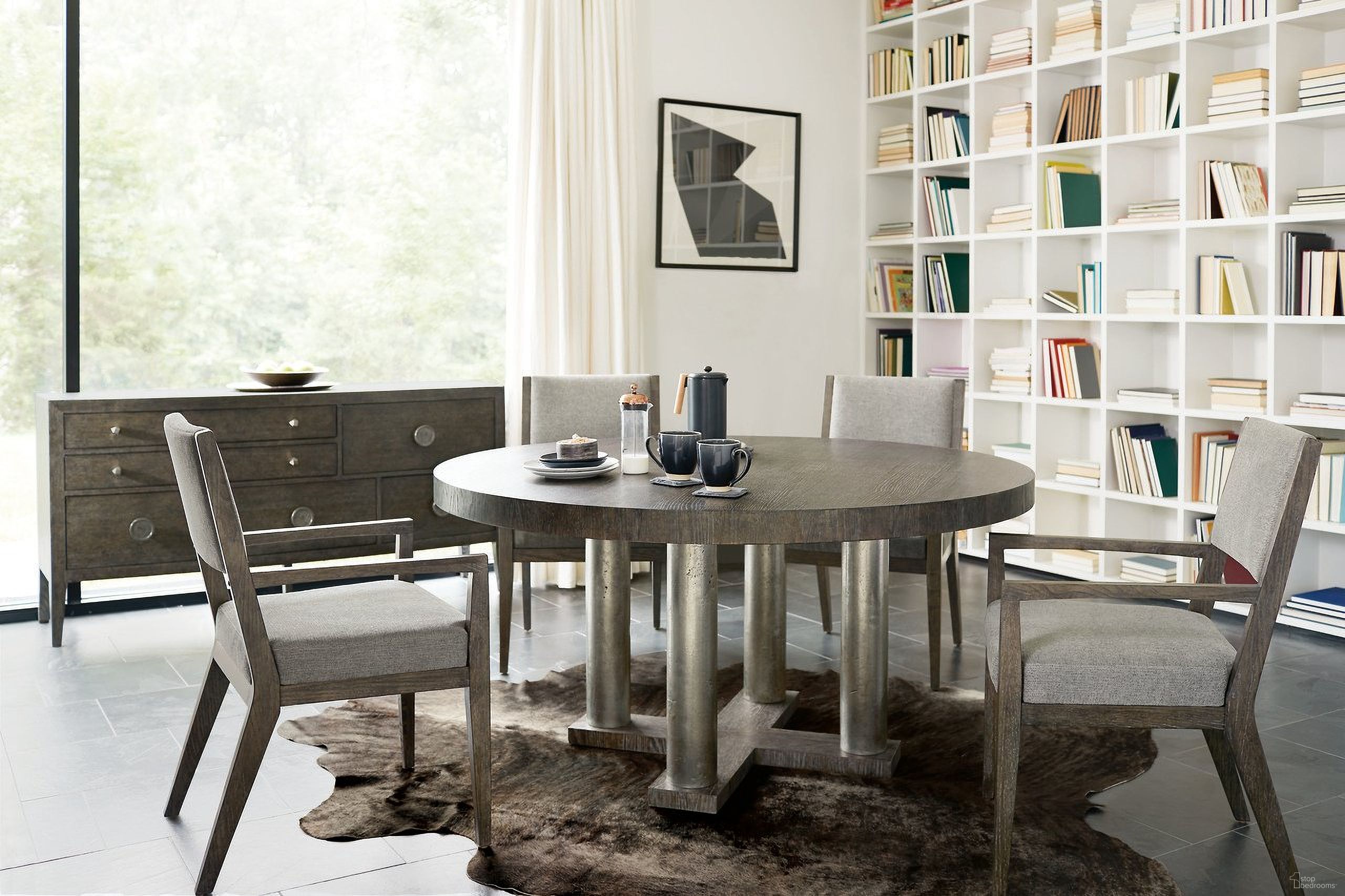 The appearance of Linea Round Dining Room Set designed by Bernhardt in the modern / contemporary interior design. This cerused charcoal/textured graphite metal piece of furniture  was selected by 1StopBedrooms from Linea Collection to add a touch of cosiness and style into your home. Sku: 384272B;384273B;384541B. Table Base Style: Pedestal. Table Top Shape: Round. Material: Aluminum. Size: 60".