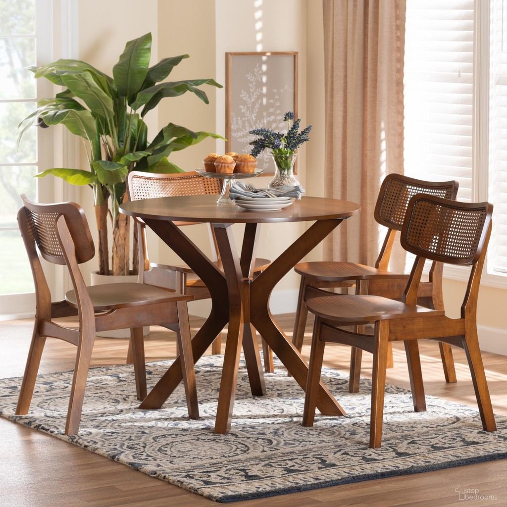Linnet Wood and Rattan 5 Piece Dining Set In Walnut Brown