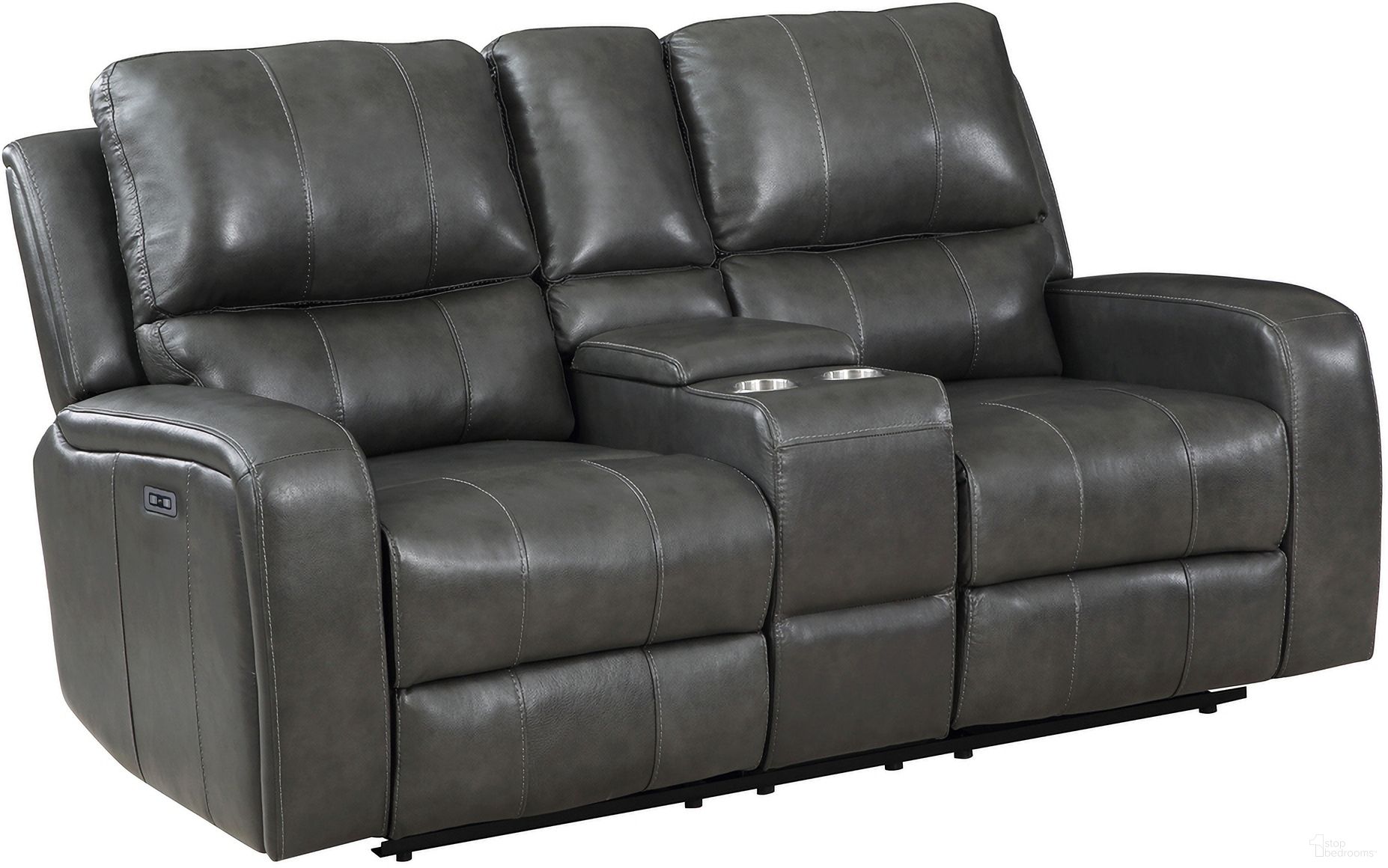 The appearance of Linton Leather Console Loveseat with Power Footrest In Gray designed by New Classic in the modern / contemporary interior design. This gray piece of furniture was selected by 1StopBedrooms from Linton Collection to add a touch of cosiness and style into your home. Sku: L1721-25P1-DGR. Material: Leather.