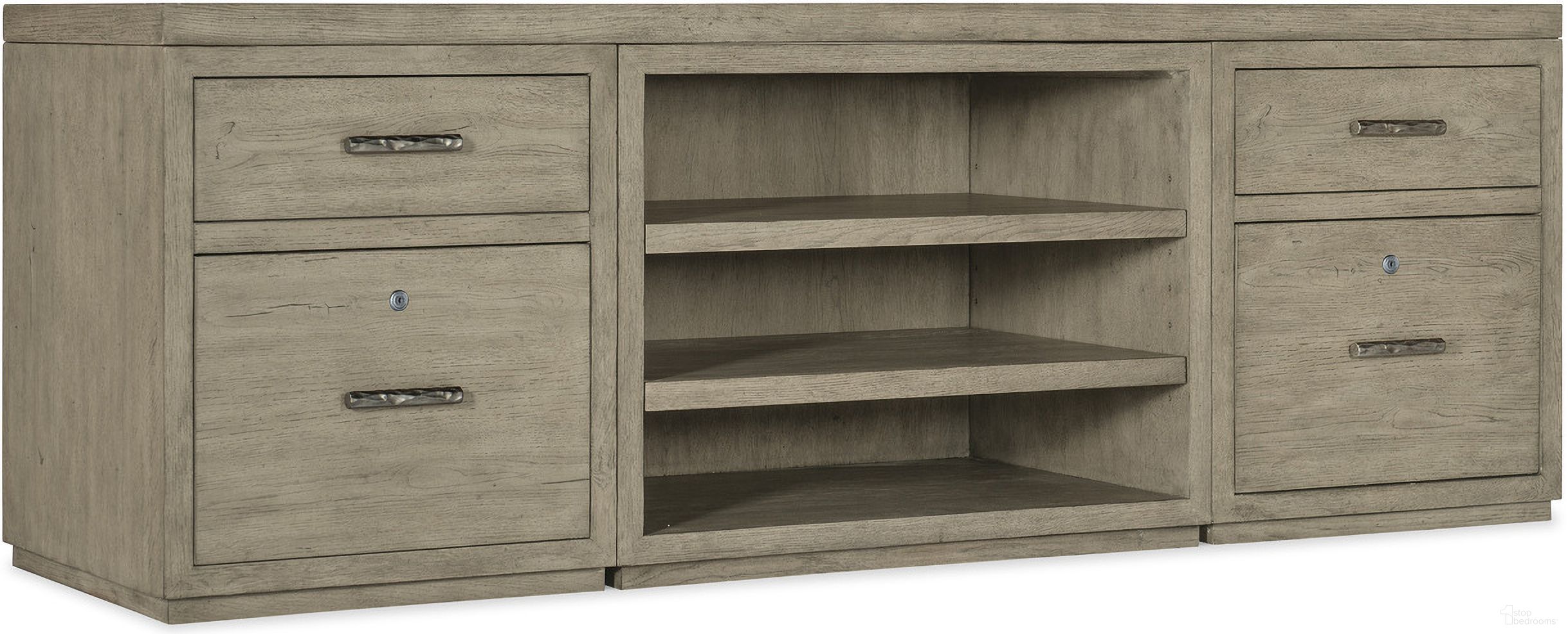 The appearance of Linville Falls 84 Inch Credenza With Two Files And Open Desk Cabinet designed by Hooker in the transitional interior design. This medium wood piece of furniture  was selected by 1StopBedrooms from Linville Falls Collection to add a touch of cosiness and style into your home. Sku: 6150-10084-85;6150-10413-85;6150-10416-85;6150-10416-85. Material: Oak Veneer.