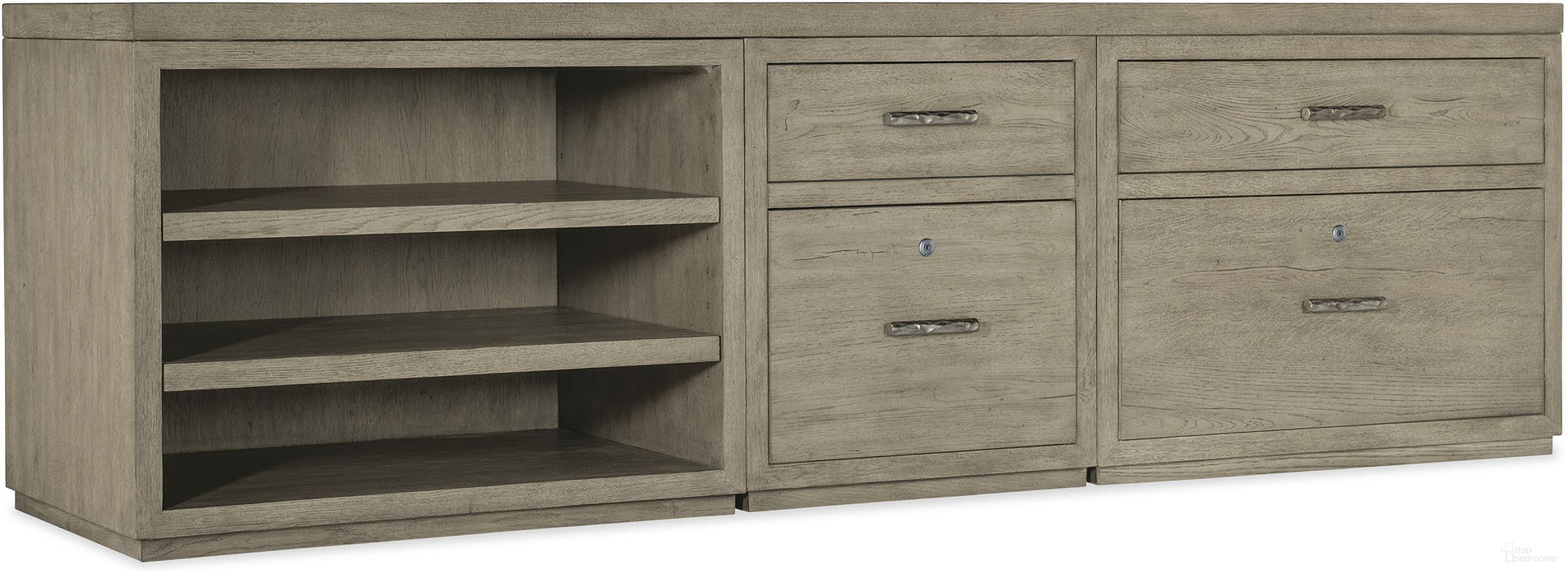 The appearance of Linville Falls 96 Inch Credenza With File And Lateral File And Open Desk Cabinet designed by Hooker in the transitional interior design. This medium wood piece of furniture  was selected by 1StopBedrooms from Linville Falls Collection to add a touch of cosiness and style into your home. Sku: 6150-10096-85;6150-10413-85;6150-10416-85;6150-10466-85. Material: Oak Veneer.