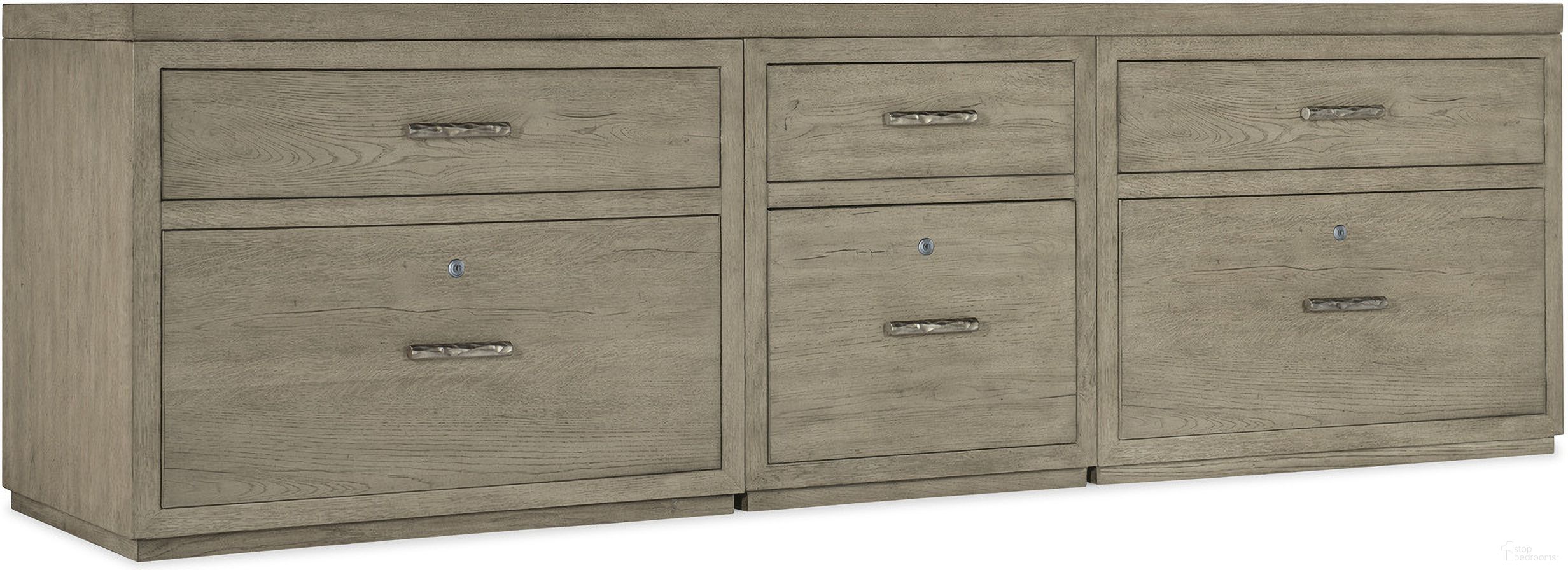 The appearance of Linville Falls 96 Inch Credenza With File And Two Lateral Files Cabinet designed by Hooker in the transitional interior design. This medium wood piece of furniture  was selected by 1StopBedrooms from Linville Falls Collection to add a touch of cosiness and style into your home. Sku: 6150-10096-85;6150-10416-85;6150-10466-85;6150-10466-85. Material: Oak Veneer.