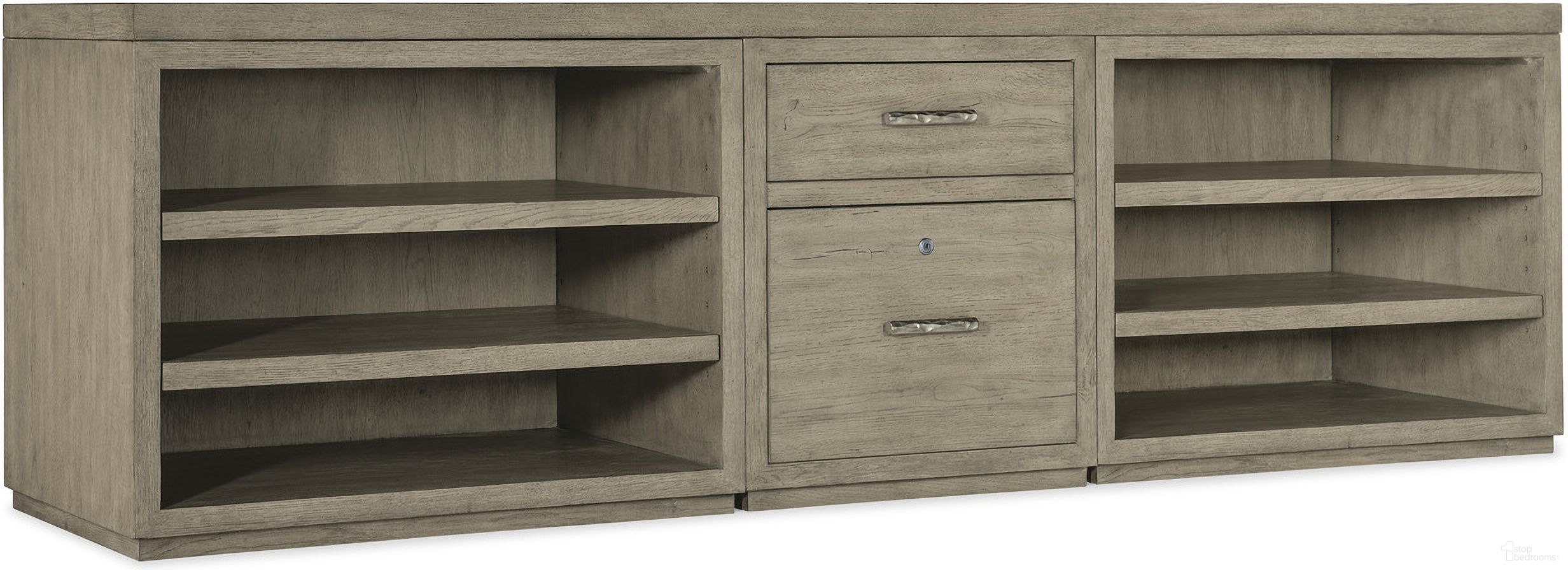 The appearance of Linville Falls 96 Inch Credenza With File And Two Open Desk Cabinets Credenza designed by Hooker in the transitional interior design. This medium wood piece of furniture  was selected by 1StopBedrooms from Linville Falls Collection to add a touch of cosiness and style into your home. Sku: 6150-10096-85;6150-10413-85;6150-10413-85;6150-10416-85. Material: Oak Veneer.