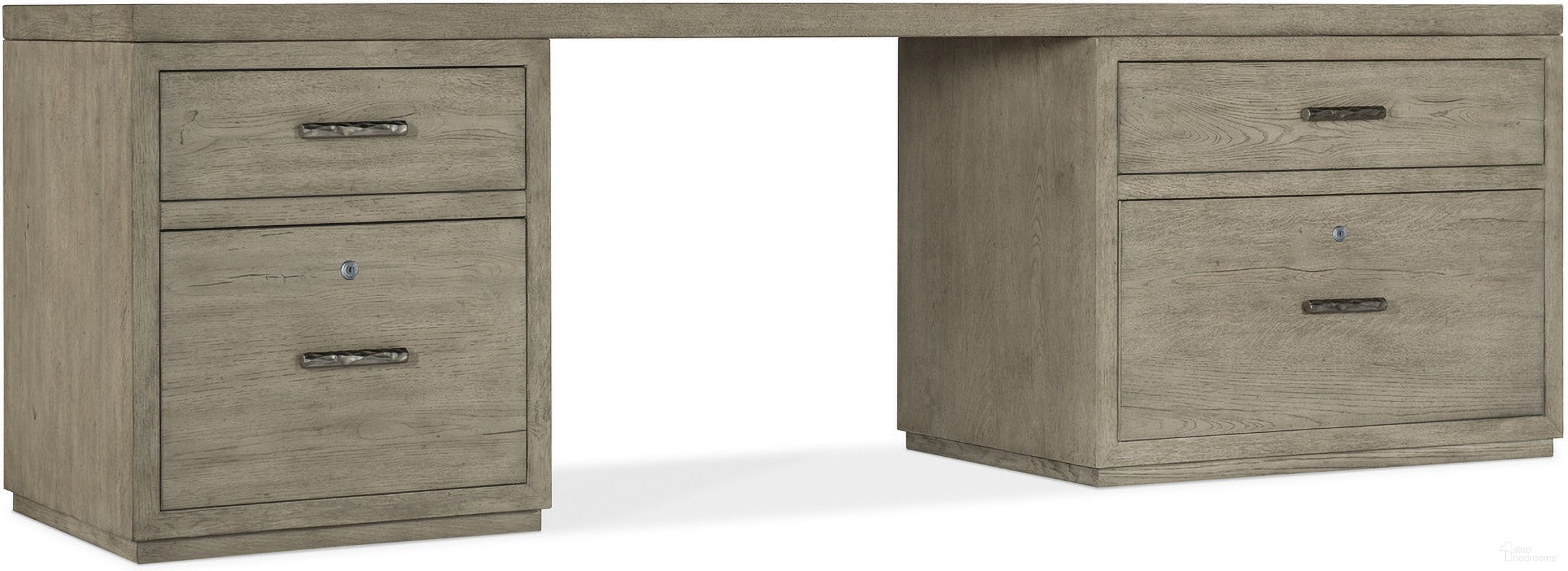 The appearance of Linville Falls 96 Inch Desk With Small File And Lateral File designed by Hooker in the transitional interior design. This medium wood piece of furniture  was selected by 1StopBedrooms from Linville Falls Collection to add a touch of cosiness and style into your home. Sku: 6150-10096-85;6150-10416-85;6150-10466-85. Material: Oak Veneer.