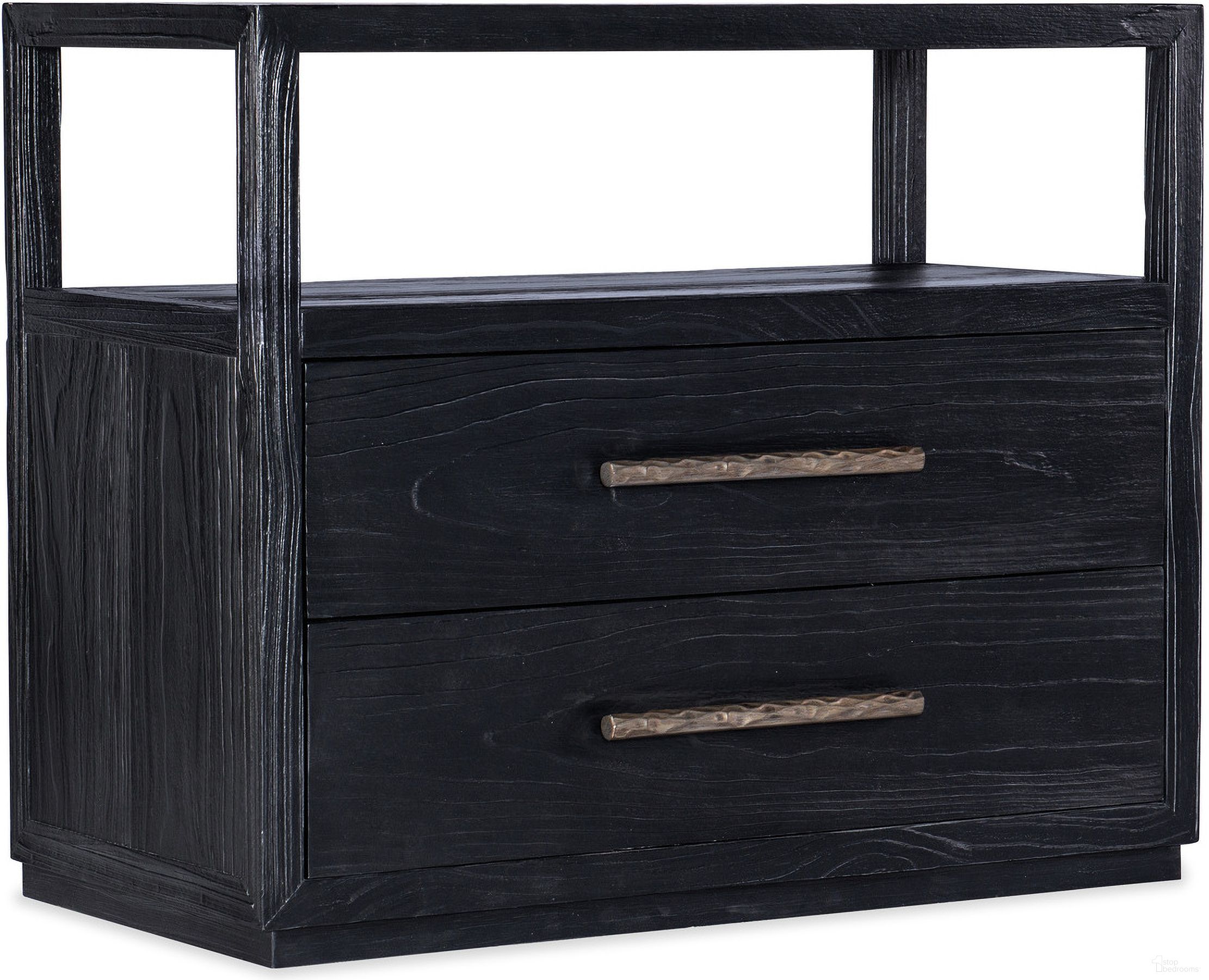 The appearance of Linville Falls Shou Sugi Ban Two Drawer Nightstand designed by Hooker in the transitional interior design. This black piece of furniture was selected by 1StopBedrooms from Linville Falls Collection to add a touch of cosiness and style into your home. Sku: 6150-90016-99. Material: Pine.