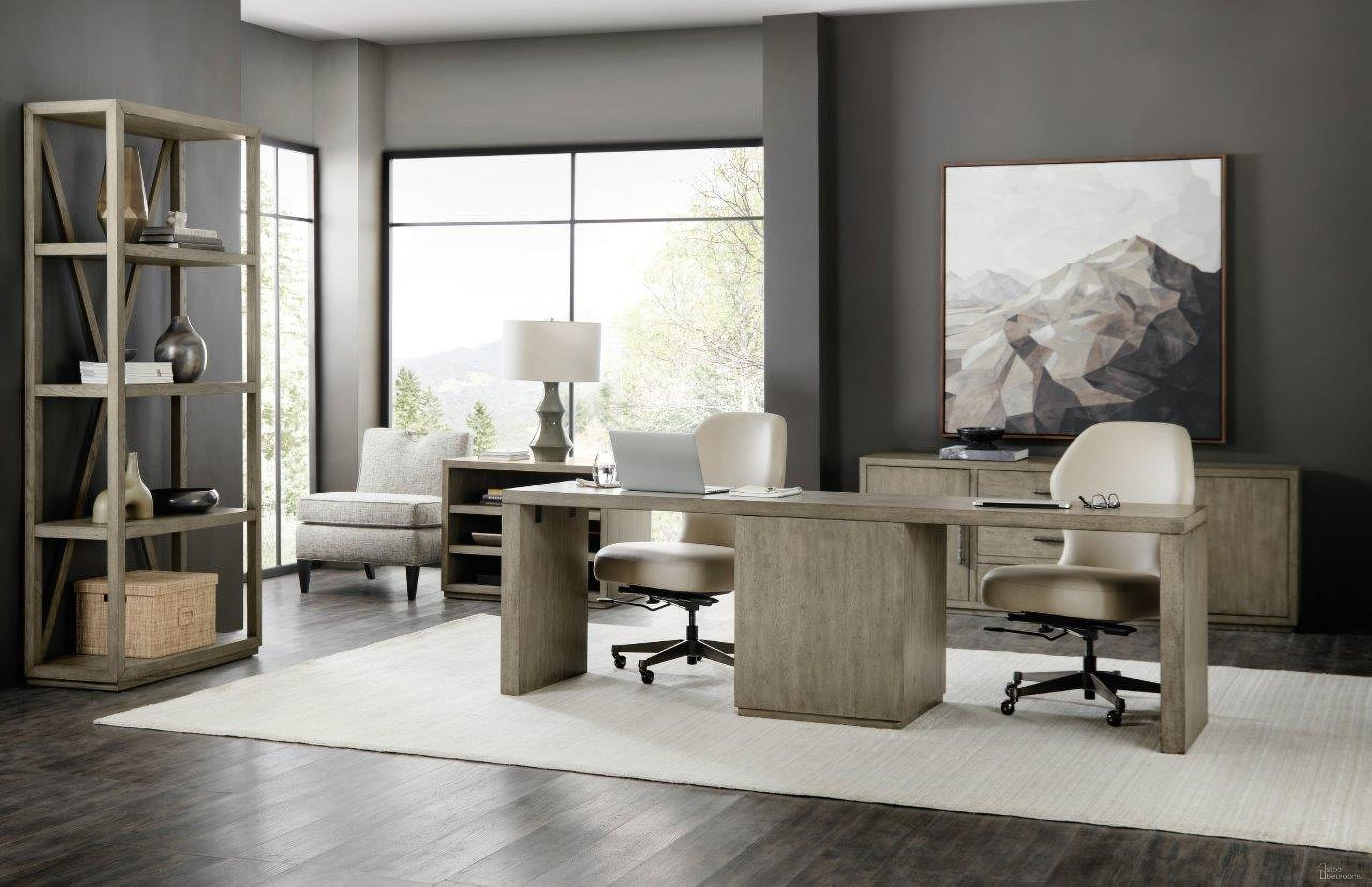 The appearance of Linville Falls Medium Wood 96 Inch Home Office Set with Small File and Lateral File Cabinet designed by Hooker in the transitional interior design. This medium wood piece of furniture  was selected by 1StopBedrooms from Linville Falls Collection to add a touch of cosiness and style into your home. Sku: 6150-10096-85;6150-10416-85;6150-10466-85;6150-10416-85. Material: Wood Veneer.