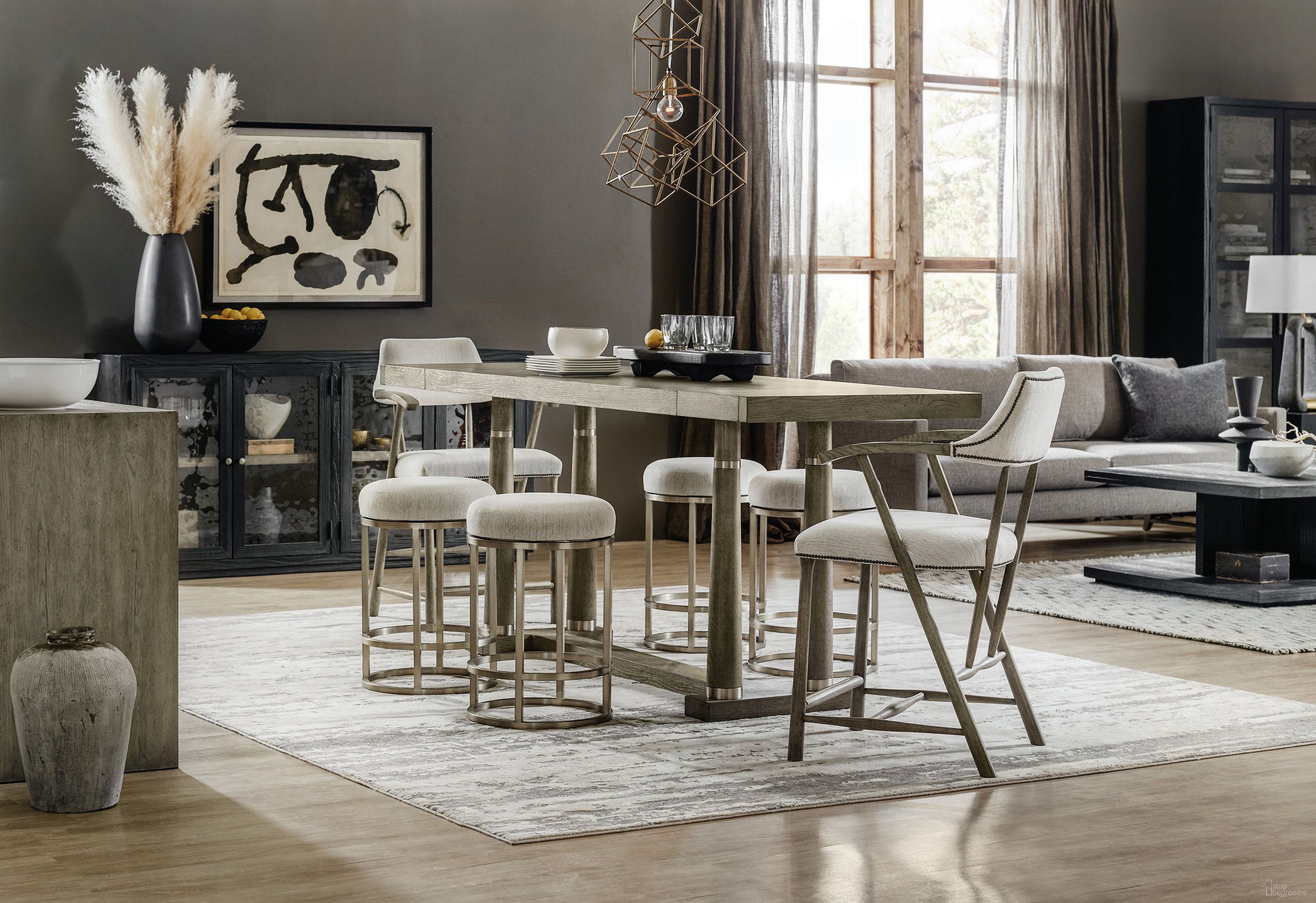 The appearance of Linville Falls Medium Wood Norwood Adjustable Friendship Dining Room Set designed by Hooker in the transitional interior design. This medium wood piece of furniture was selected by 1StopBedrooms from Linville Falls Collection to add a touch of cosiness and style into your home. Sku: 6150-75206-85;6150-75350-85. Table Base Style: Trestle. Material: Wood Veneer.