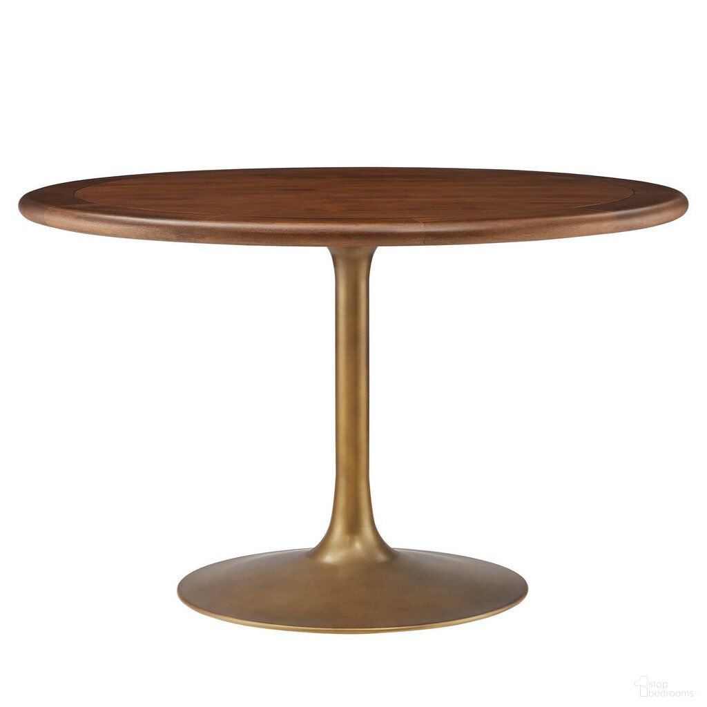 The appearance of Lippa 48 Inch Round Pedestal Solid Wood Dining Table In Walnut and Brass designed by Modway in the modern / contemporary interior design. This walnut and brass piece of furniture  was selected by 1StopBedrooms from Lippa Collection to add a touch of cosiness and style into your home. Sku: EEI-6987-BRA-BASE;EEI-7001-WAL-TOP. Table Base Style: Pedestal. Table Top Shape: Round. Size: 48". Material: Solid Wood.