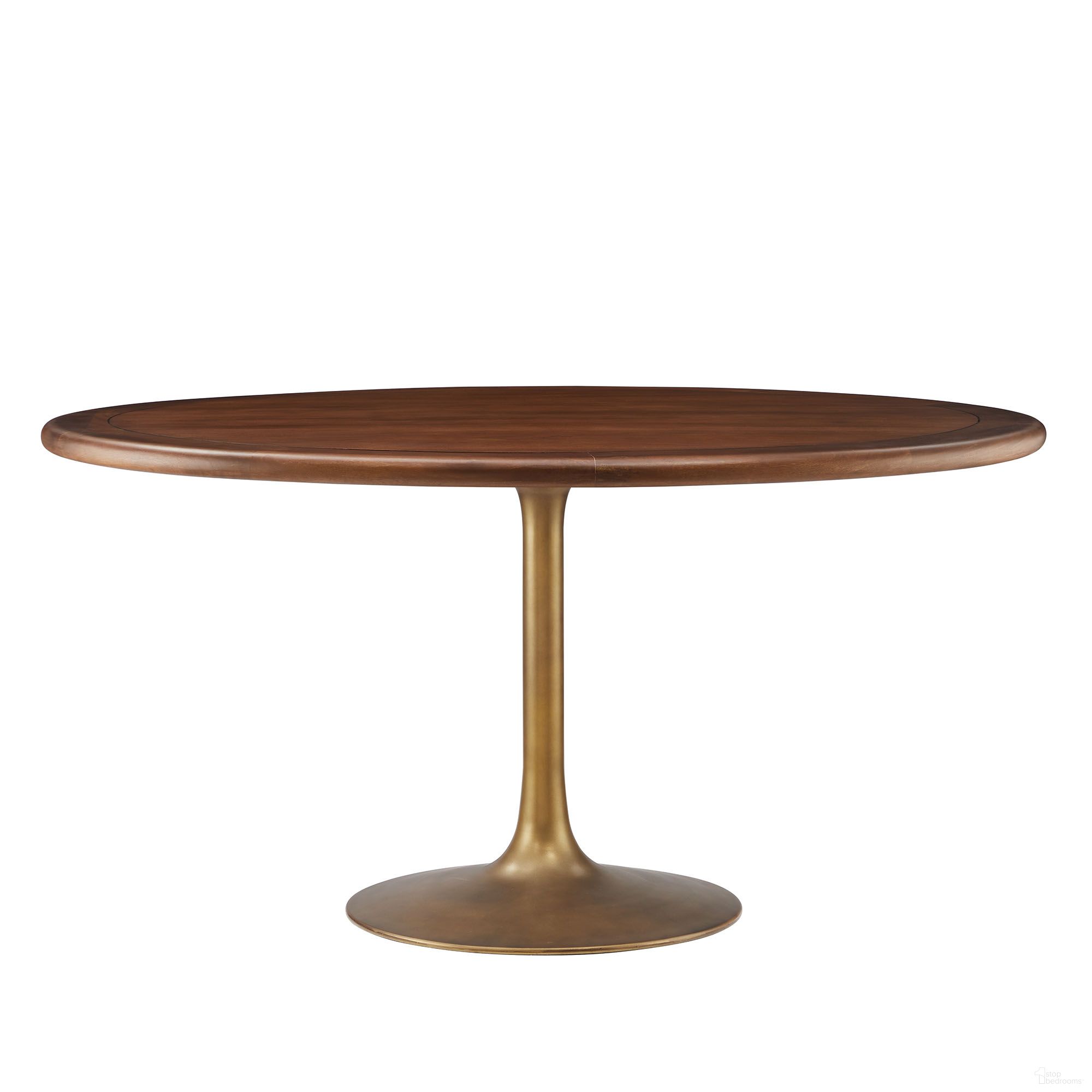 The appearance of Lippa 60 Inch Round Pedestal Solid Wood and Metal Dining Table In Brass Walnut designed by Modway in the modern / contemporary interior design. This walnut and brass piece of furniture  was selected by 1StopBedrooms from Lippa Collection to add a touch of cosiness and style into your home. Sku: EEI-6986-BRA-BASE;EEI-7002-WAL-TOP. Table Base Style: Pedestal. Table Top Shape: Round. Size: 60". Material: Solid Wood.