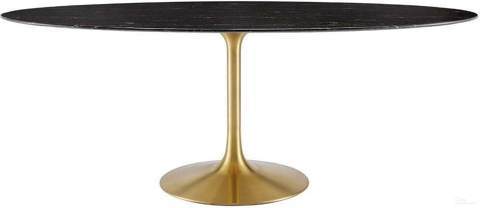The appearance of Lippa 78 Inch Oval Artificial Marble Dining Table In Black and Gold designed by Modway in the modern / contemporary interior design. This black and gold piece of furniture  was selected by 1StopBedrooms from Lippa Collection to add a touch of cosiness and style into your home. Sku: EEI-4070-BLK-TOP;EEI-7000-GLD-BASE. Table Base Style: Pedestal. Table Top Shape: Oval. Material: Marble. Size: 47" x 78".