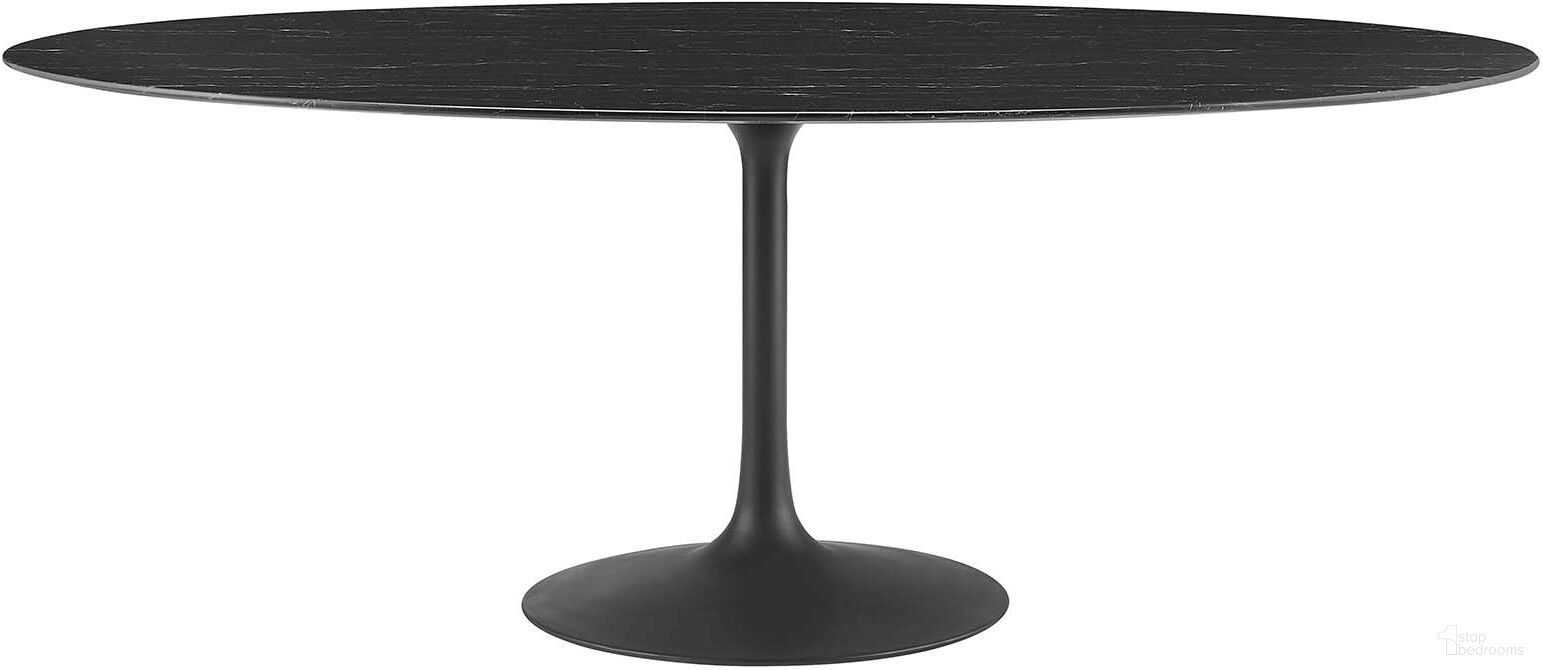 The appearance of Lippa 78 Inch Oval Artificial Marble Dining Table In Black EEI-4889-BLK-BLK designed by Modway in the modern / contemporary interior design. This black piece of furniture was selected by 1StopBedrooms from Lippa Collection to add a touch of cosiness and style into your home. Sku: EEI-4070-BLK-TOP;EEI-6999-BLK-BASE. Table Base Style: Pedestal. Table Top Shape: Oval. Material: Marble. Size: 28" x 78".