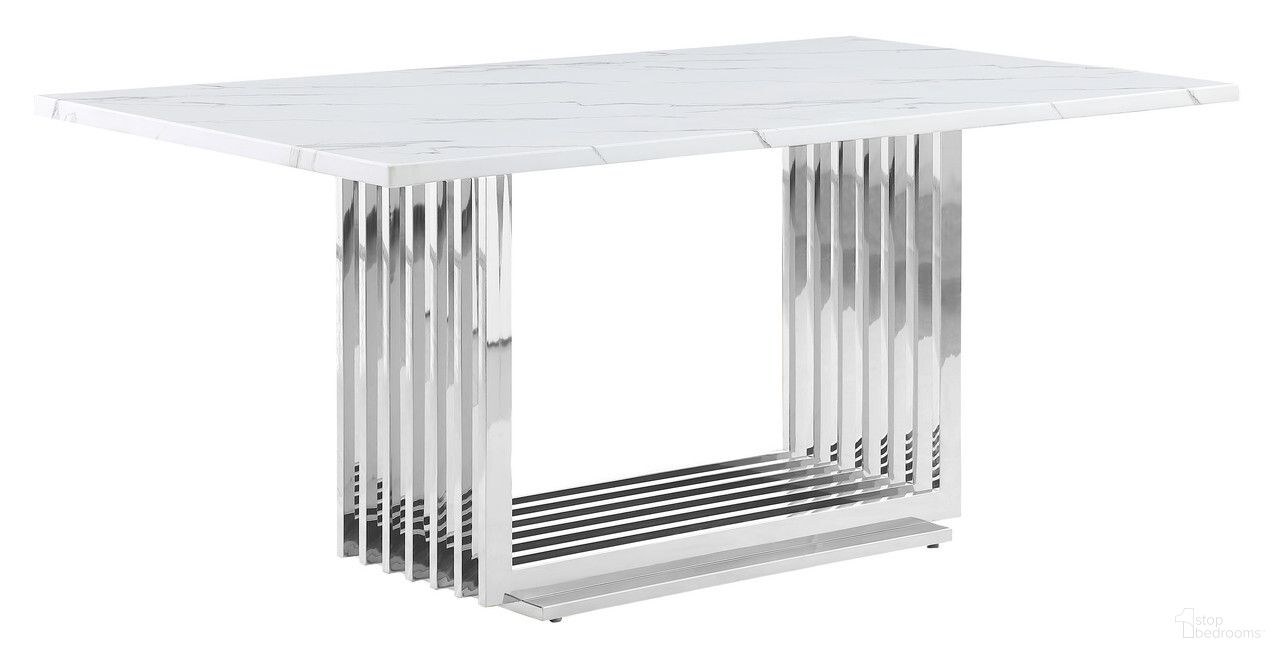 The appearance of Lisa 68 Inch Dining Table In White Marble and Stainless Steel Base designed by Best Quality Furniture in the modern / contemporary interior design. This white/stainless steel piece of furniture  was selected by 1StopBedrooms from Lisa Collection to add a touch of cosiness and style into your home. Sku: D310-DTT;D310-DTB. Table Base Style: Trestle. Material: Marble. Table Top Shape: Rectangular. Size: 38" x 68".