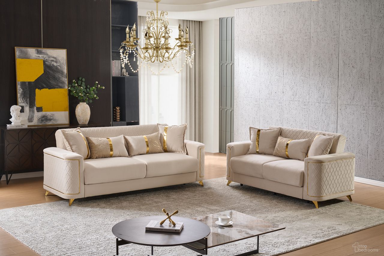 Lisa Living Room Set In Ivory And Gold