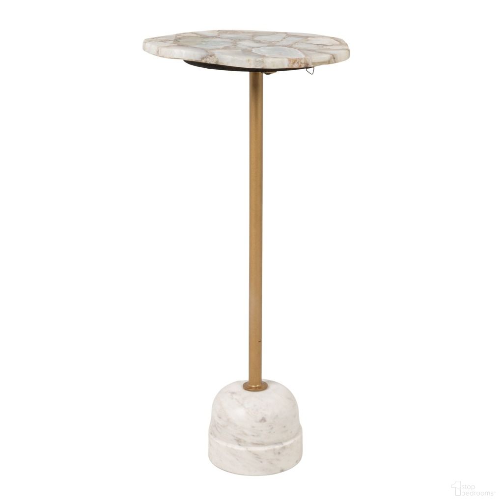 The appearance of Lisbon Agate and Marble Pedestal Drink Table with Brass Post In White and Natural designed by Rowena Interiors in the modern / contemporary interior design. This white/natural piece of furniture  was selected by 1StopBedrooms from Lisbon Collection to add a touch of cosiness and style into your home. Sku: EC2215. Material: Agate.