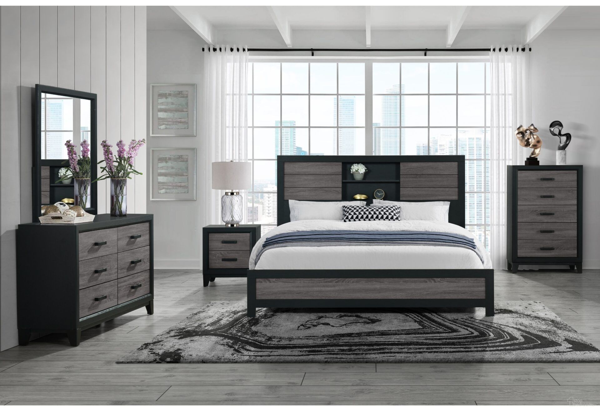 Lisbon Bookcase Bedroom Set In Gray and Black