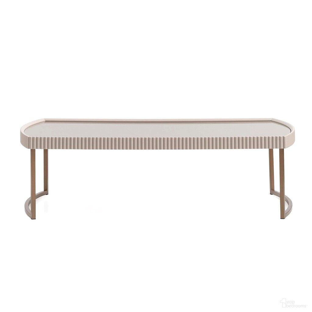 The appearance of Lisbon Cocktail Table In Silky Cream and Bronze designed by Michael Amini in the transitional interior design. This silky cream/bronze piece of furniture  was selected by 1StopBedrooms from Lisbon Collection to add a touch of cosiness and style into your home. Sku: LFR-LSBN201-144. Material: MDF.