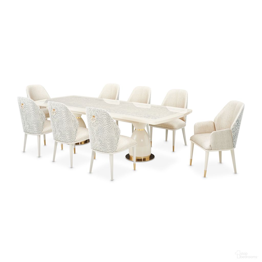 The appearance of Lisbon Dining Room Set In Silken Matte Cream designed by Michael Amini in the transitional interior design. This silken matte cream piece of furniture  was selected by 1StopBedrooms from Lisbon Collection to add a touch of cosiness and style into your home. Sku: LFR-LSBN002T-140;LFR-LSBN002B-140;LFR-LSBN003A-140. Table Base Style: Double Pedestal. Material: Wood. Table Top Shape: Rectangular. Size: 42" x 90".