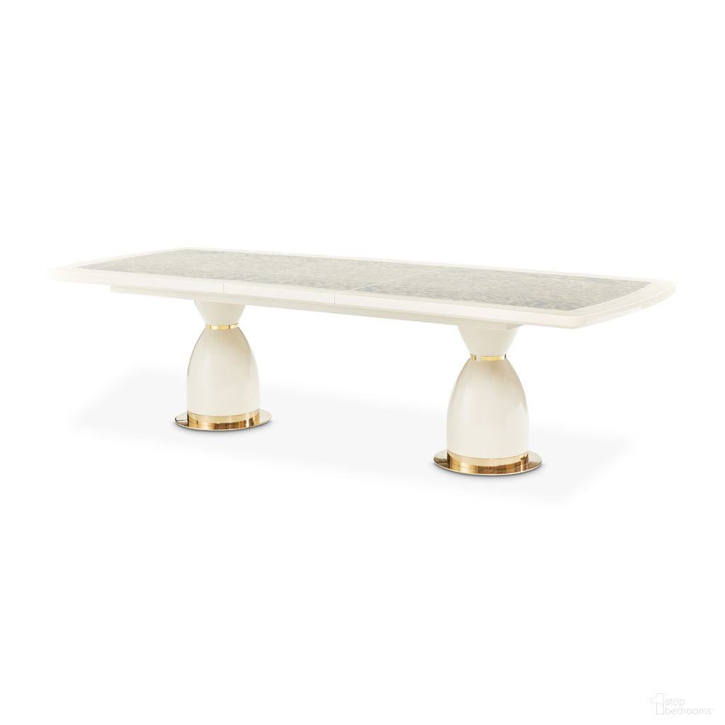 The appearance of Lisbon Double Pedestal Dining Table In Silken Matte Cream designed by Michael Amini in the transitional interior design. This silken matte cream piece of furniture was selected by 1StopBedrooms from Lisbon Collection to add a touch of cosiness and style into your home. Sku: LFR-LSBN002T-140;LFR-LSBN002B-140. Table Base Style: Double Pedestal. Material: Wood. Table Top Shape: Rectangular. Size: 42" x 90".