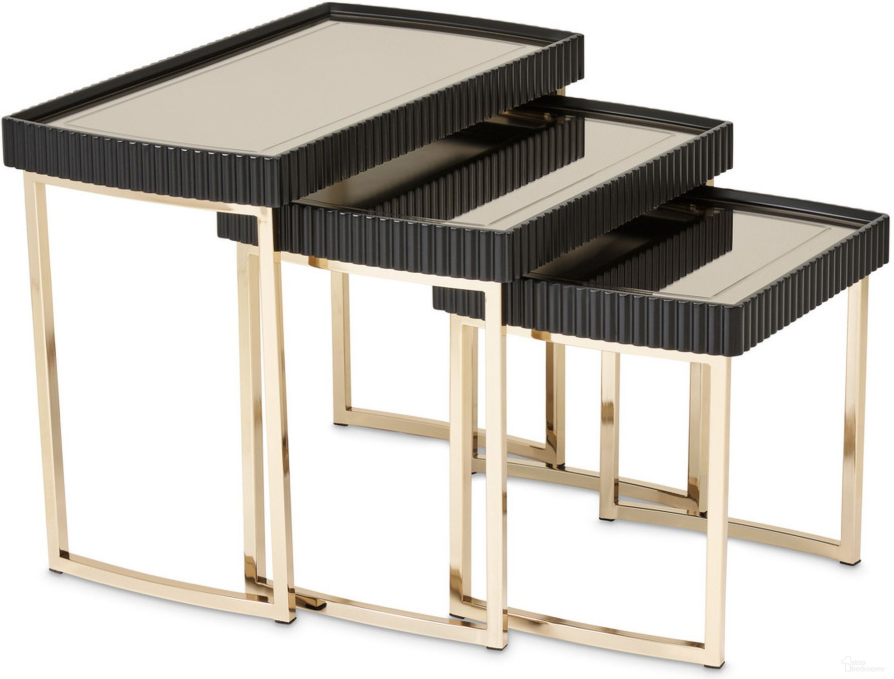 The appearance of Lisbon Nesting Tables Set of 3 In Silken Matte Black designed by Michael Amini in the transitional interior design. This silken matte black piece of furniture was selected by 1StopBedrooms from Lisbon Collection to add a touch of cosiness and style into your home. Sku: LFR-LSBN224-826. Material: MDF.