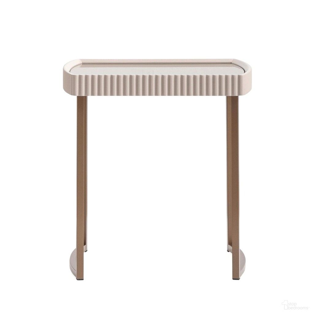 The appearance of Lisbon Side Table In Silky Cream and Bronze designed by Michael Amini in the transitional interior design. This silky cream/bronze piece of furniture  was selected by 1StopBedrooms from Lisbon Collection to add a touch of cosiness and style into your home. Sku: LFR-LSBN202-144. Material: MDF.