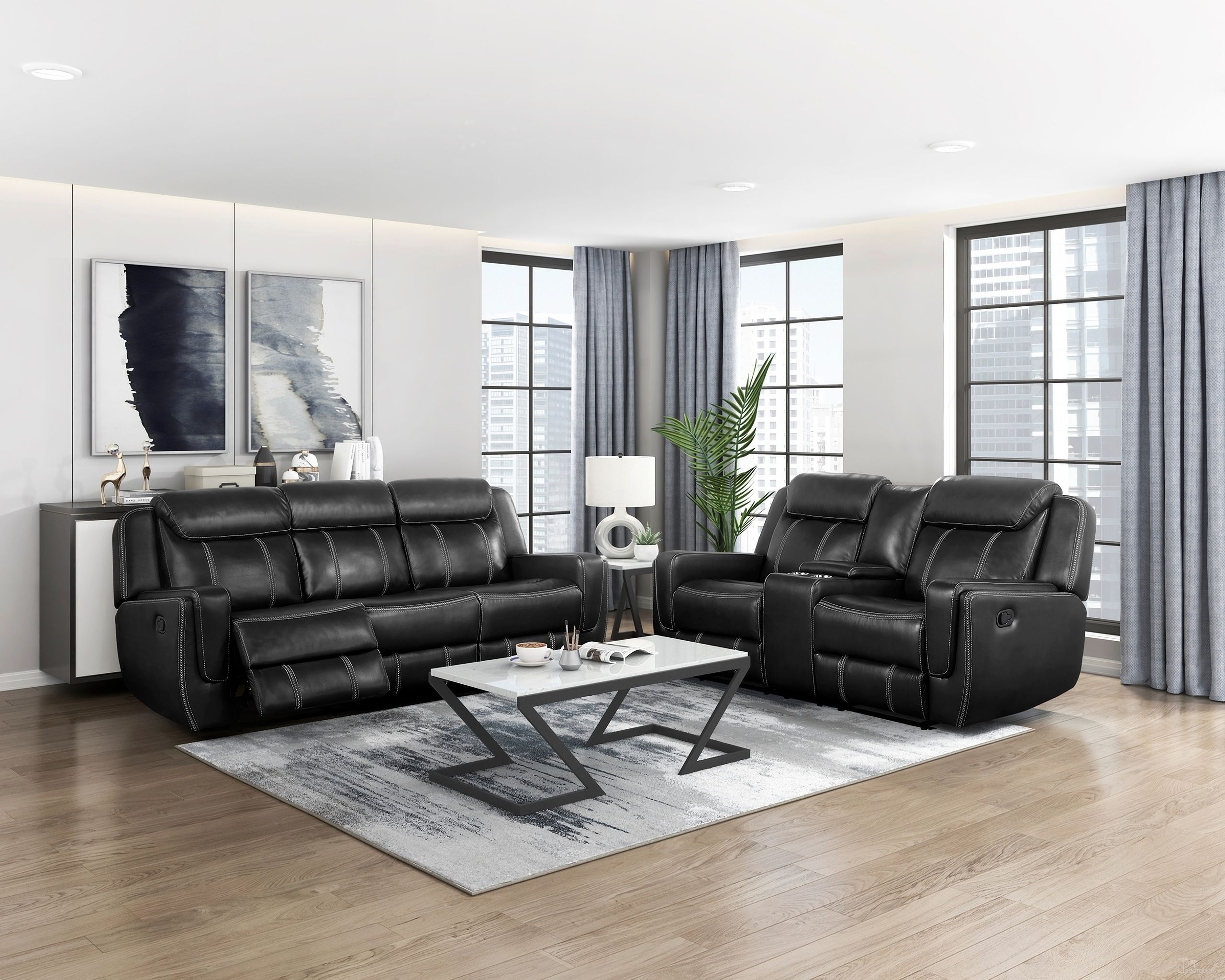 The appearance of Littleton Double Reclining Sofa Living Room Set In Black designed by Homelegance in the modern / contemporary interior design. This black piece of furniture  was selected by 1StopBedrooms from Littleton Collection to add a touch of cosiness and style into your home. Sku: 8516BK-3;8516BK-2. Material: Faux Leather.