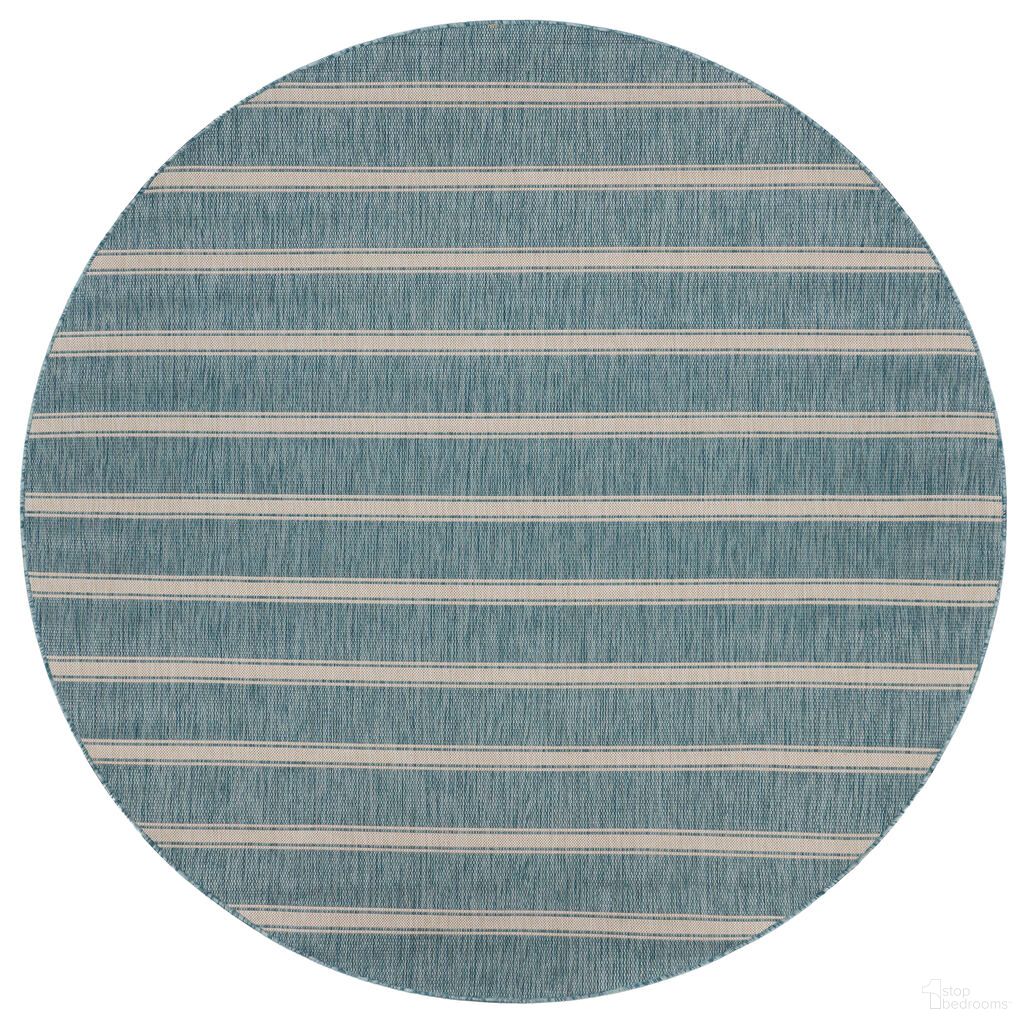 Litus 7'6" Round Tony Striped Outdoor Area Rug In Aqua Blue and Beige