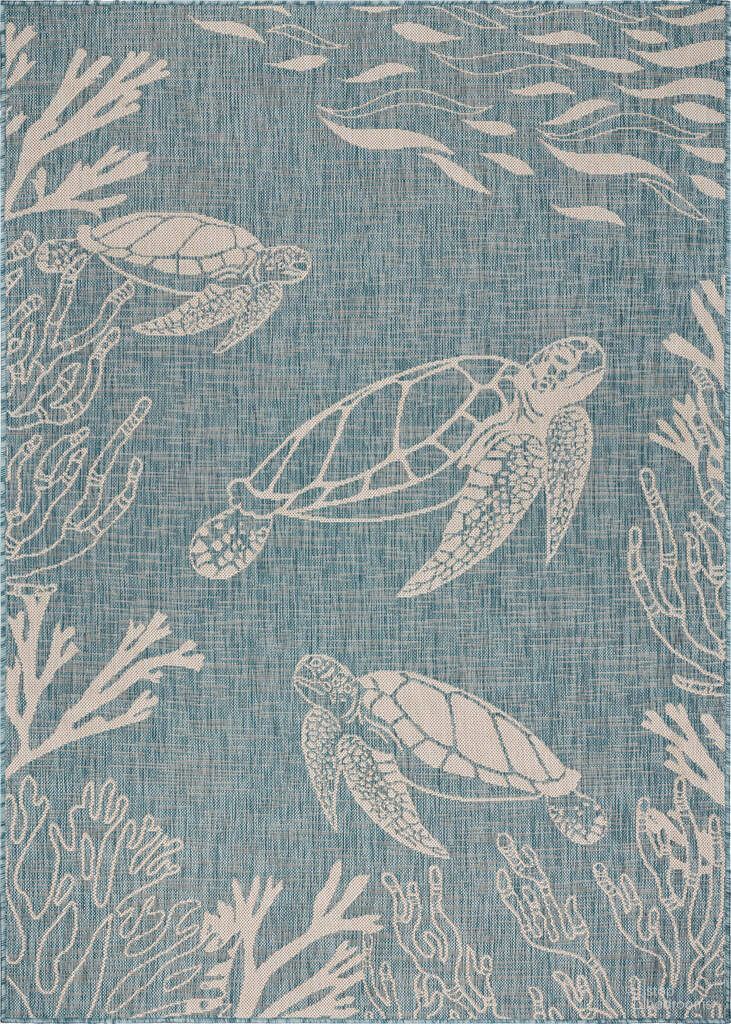 Litus 7'6" x 9'5" Tulsa Sea Turtle Blend Outdoor Area Rug In Aqua and White