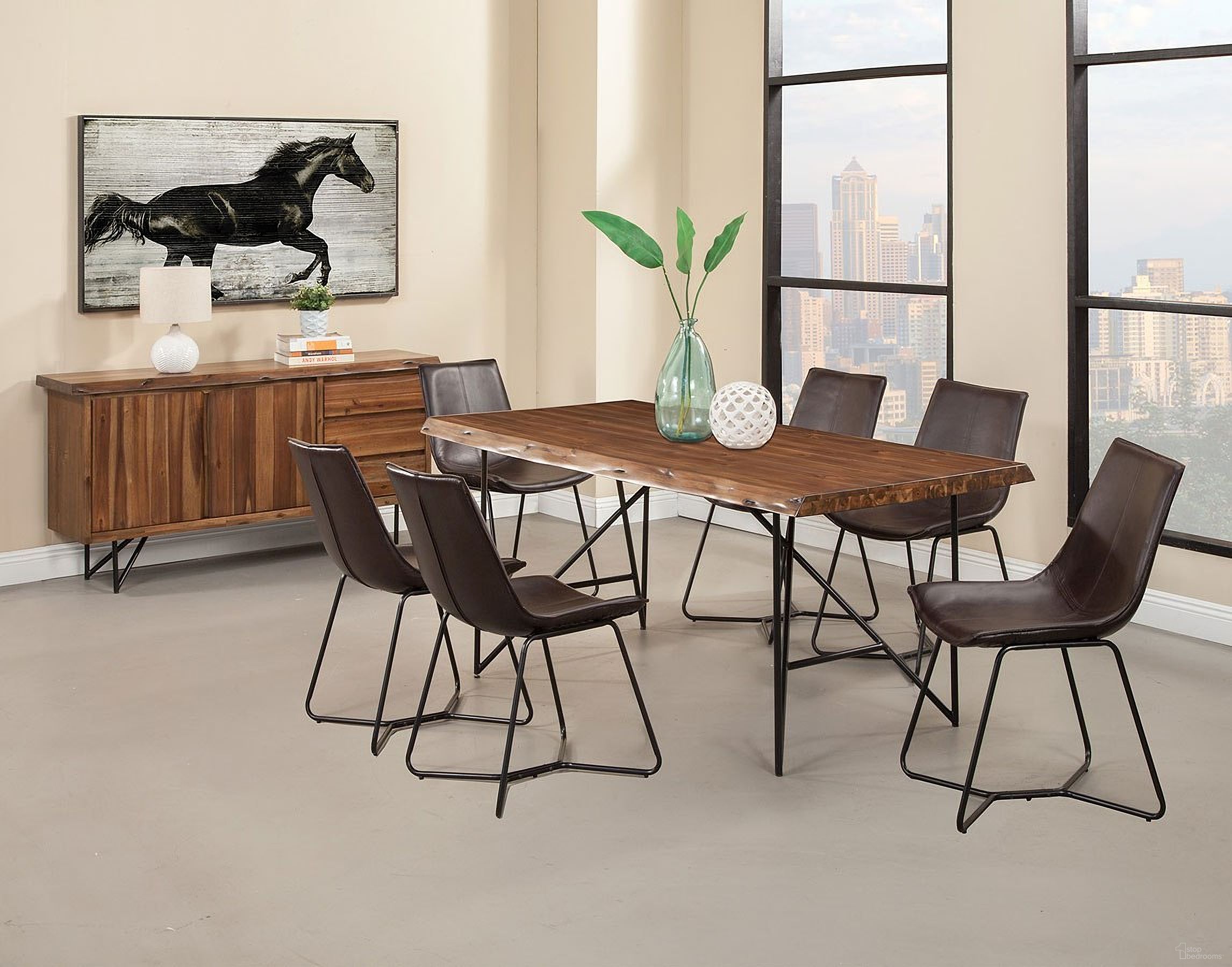 The appearance of Live Edge Walnut Rectangular Dining Room Set designed by Alpine in the industrial interior design. This brown piece of furniture  was selected by 1StopBedrooms from Live Edge Collection to add a touch of cosiness and style into your home. Sku: 1968-01;1968-03. Table Base Style: Trestle. Material: Wood. Table Top Shape: Rectangular. Size: 77".