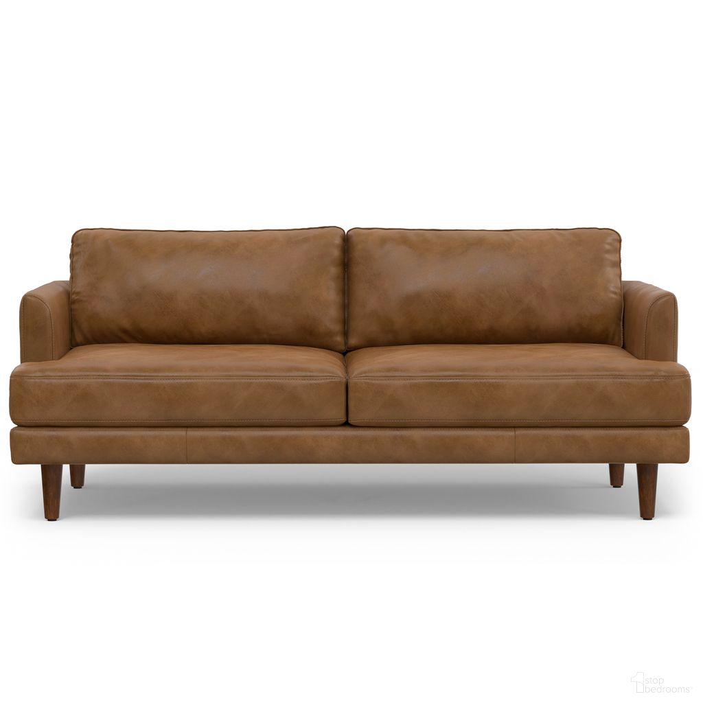 The appearance of Livingston Top Grain Genuine Leather 76 Inch Sofa In Caramel Brown designed by Simpli Home in the transitional interior design. This caramel brown piece of furniture  was selected by 1StopBedrooms from Livingston Collection to add a touch of cosiness and style into your home. Sku: AXCSOFLIV76-CAR. Material: Pine.