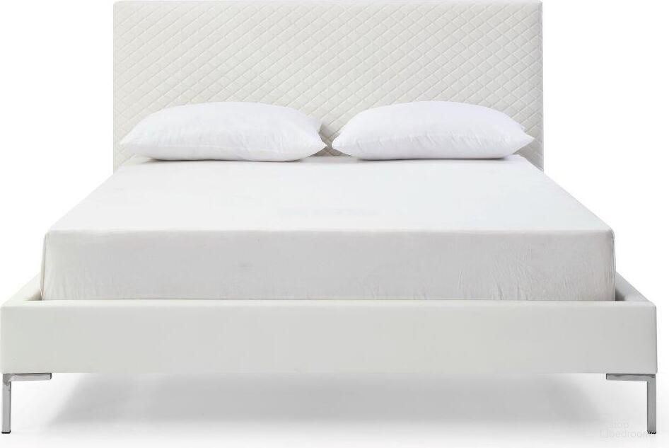The appearance of Liz Queen Bed With Fully Upholstered White Faux Leather And Chrome Legs designed by Whiteline Modern Living in the modern / contemporary interior design. This white piece of furniture  was selected by 1StopBedrooms from Liz Collection to add a touch of cosiness and style into your home. Sku: BQ1689P-WHT. Bed Type: Platform Bed. Material: Faux Leather. Bed Size: Queen.