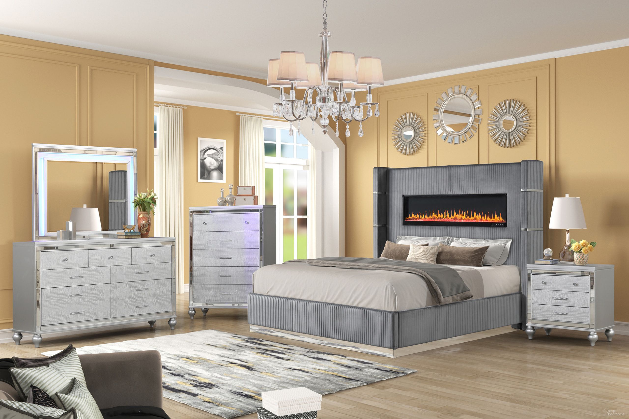 The appearance of Lizelle King 5 Piece Upholstered Bedroom Set In Gray designed by Galaxy Home Furnishings in the modern / contemporary interior design. This gray piece of furniture  was selected by 1StopBedrooms from Lizelle Collection to add a touch of cosiness and style into your home. Sku: 808857879974;808857577757;808857880529;698781079928;808857880727. Material: Wood. Bed Size: King. Bed Type: Upholstered Bed.
