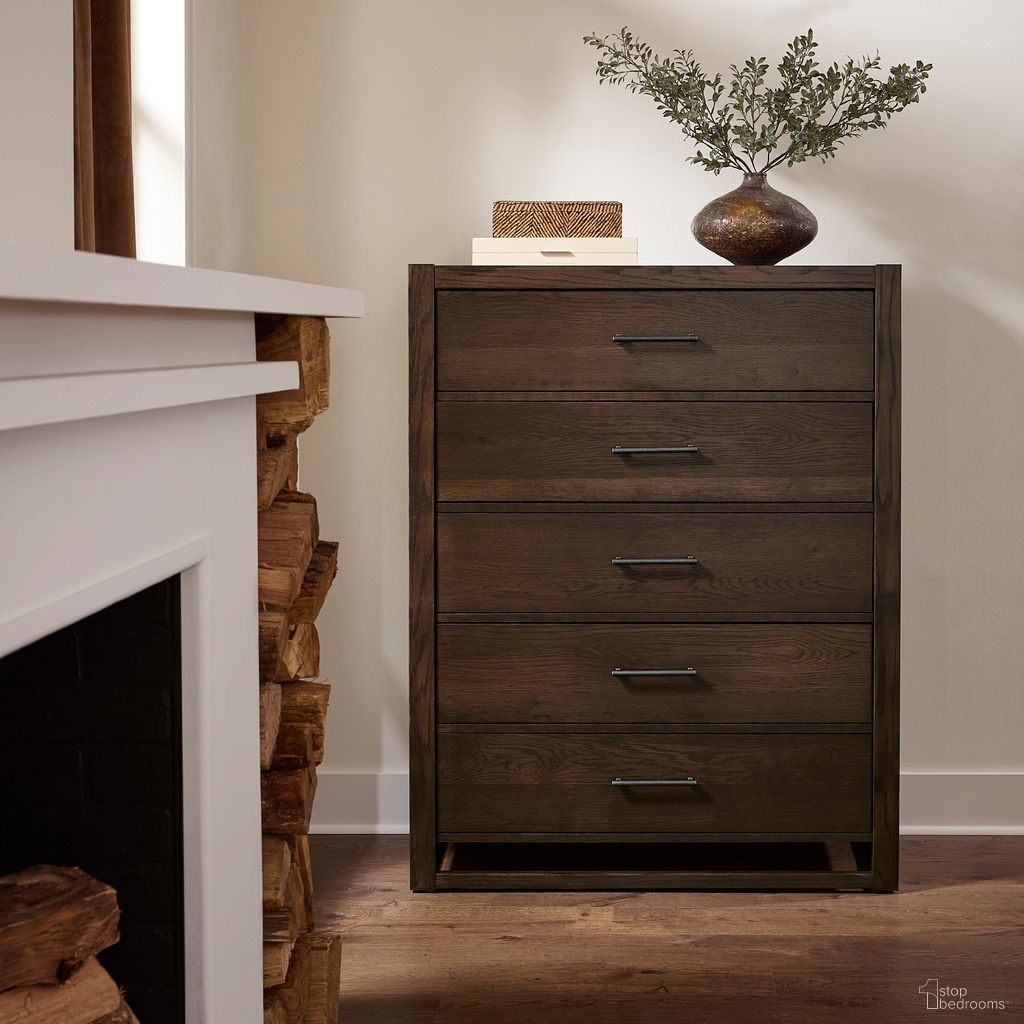 The appearance of Lodge and Loft 5 Drawer Chest In Dark Oak designed by Vaughan Bassett in the modern / contemporary interior design. This dark oak piece of furniture was selected by 1StopBedrooms from Lodge and Loft Collection to add a touch of cosiness and style into your home. Sku: 840-115. Material: Wood.