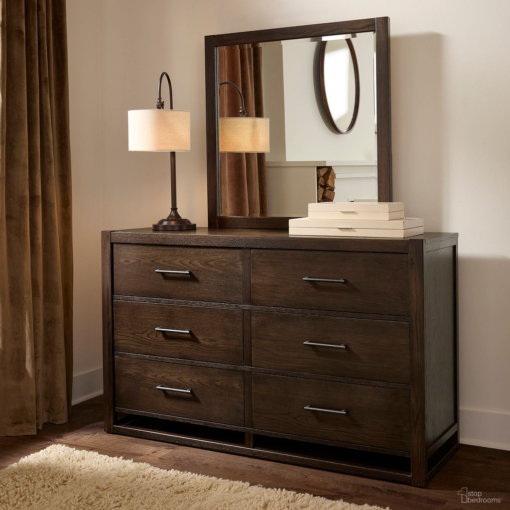 The appearance of Lodge and Loft 6 Drawer Dresser In Dark Oak designed by Vaughan Bassett in the modern / contemporary interior design. This dark oak piece of furniture was selected by 1StopBedrooms from Lodge and Loft Collection to add a touch of cosiness and style into your home. Sku: 840-002. Material: Wood.