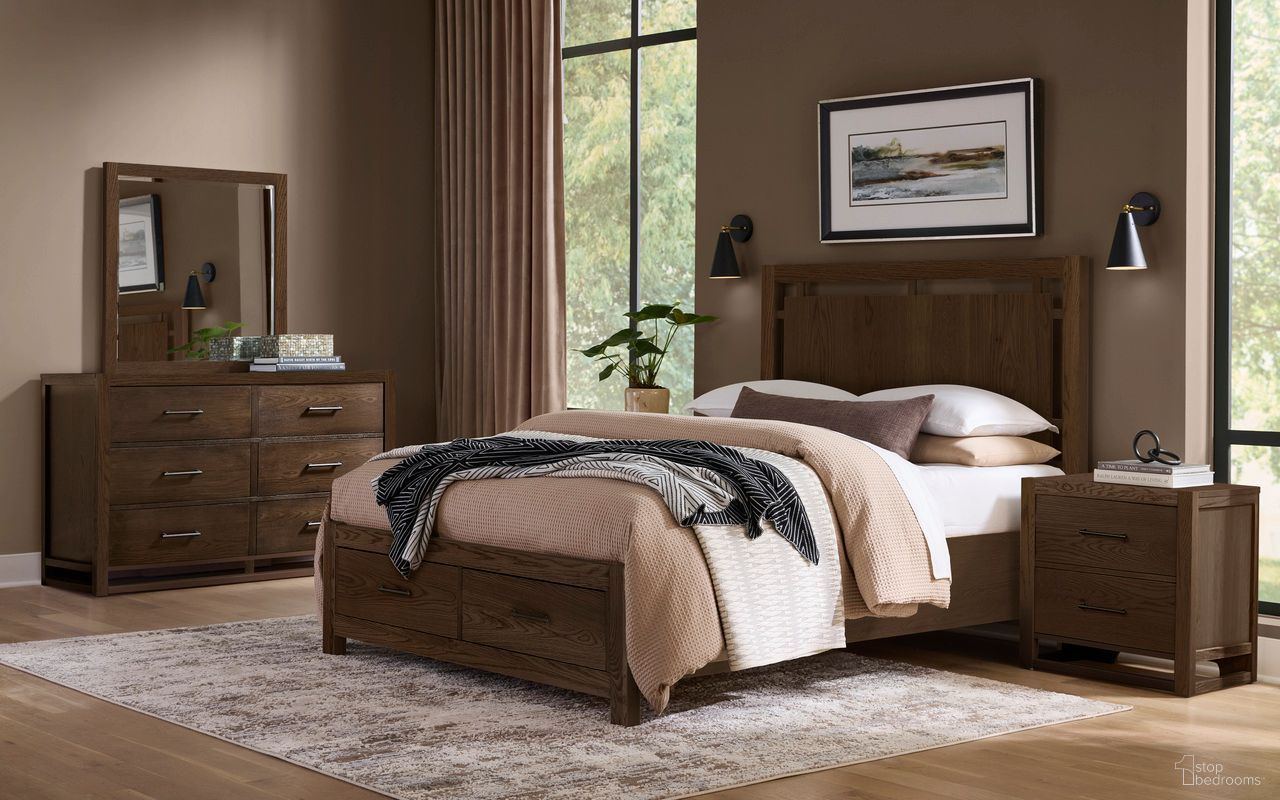 The appearance of Lodge and Loft Floating Panel Bedroom Set with Footboard Storage In Dark Oak designed by Vaughan Bassett in the modern / contemporary interior design. This dark oak piece of furniture was selected by 1StopBedrooms from Lodge and Loft Collection to add a touch of cosiness and style into your home. Sku: 840-557;840-050B;840-502;TT-555T;840-227. Material: Wood. Bed Size: King.