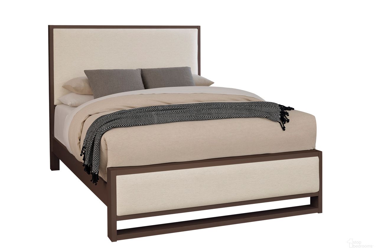 The appearance of Lodge and Loft Queen Upholstered Bed In Ivory Cream and Dark Oak designed by Vaughan Bassett in the modern / contemporary interior design. This ivory cream and dark oak piece of furniture  was selected by 1StopBedrooms from Lodge and Loft Collection to add a touch of cosiness and style into your home. Sku: 840-551I;840-155I;840-922. Material: Wood. Bed Size: Queen. Bed Type: Upholstered Bed.