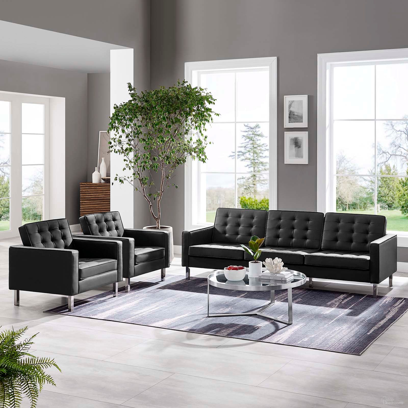 Loft 3 Piece Tufted Upholstered Faux Leather Set EEI-4105-SLV-BLK-SET