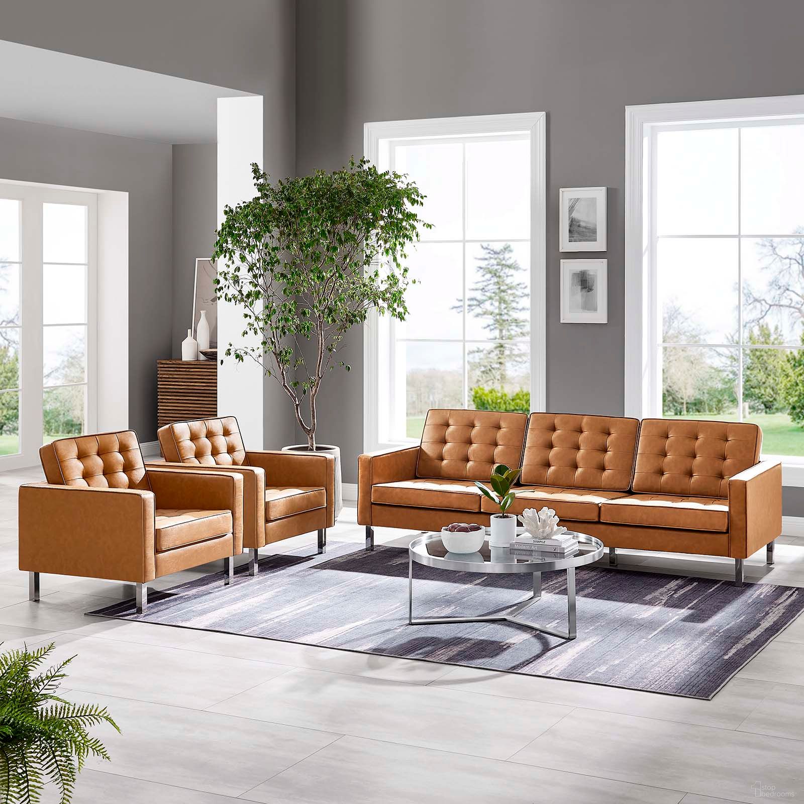 Loft Silver Tan 3 Piece Tufted Upholstered Faux Leather Set EEI-4105-SLV-TAN-SET