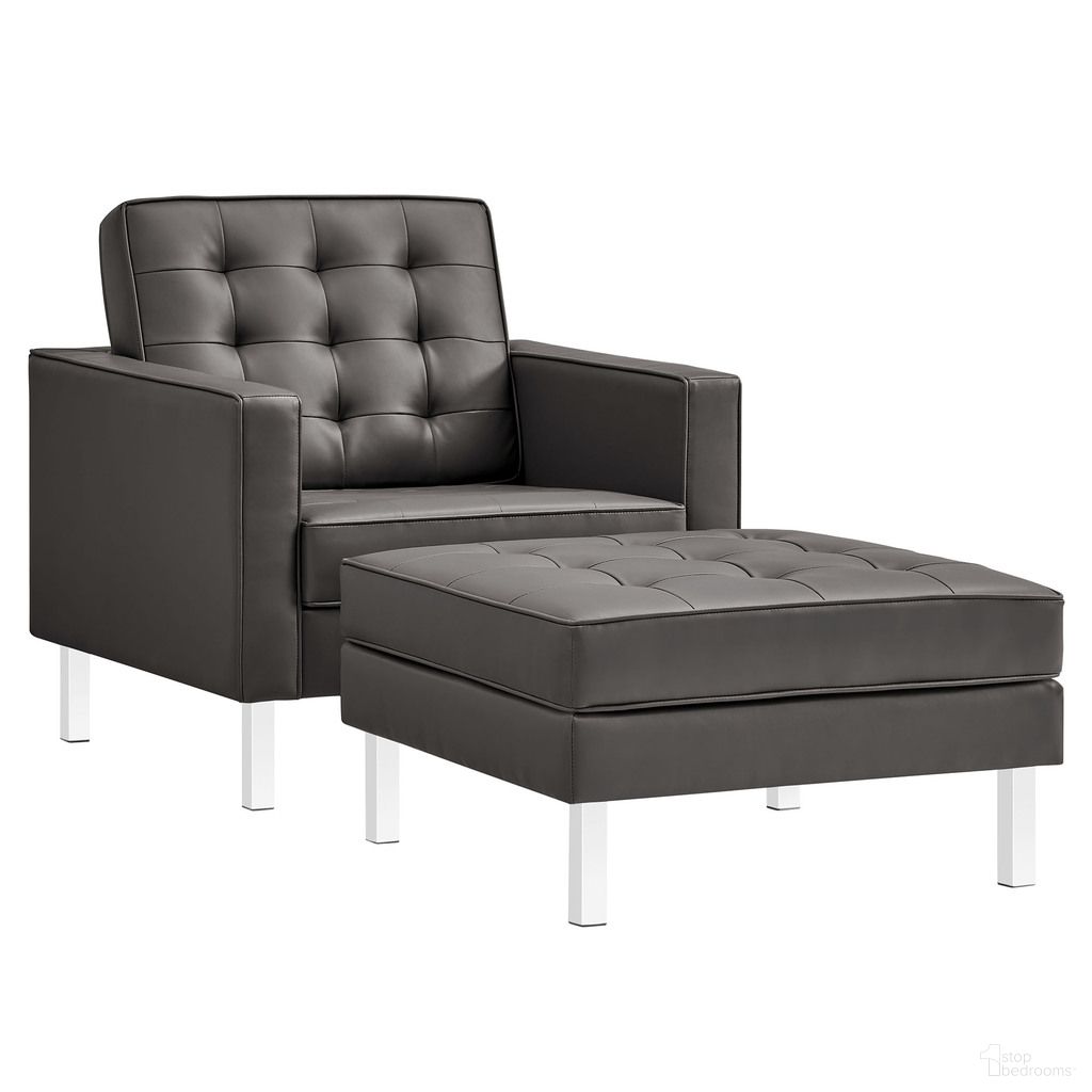 Loft Tufted Vegan Leather Armchair and Ottoman Set In Silver Gray