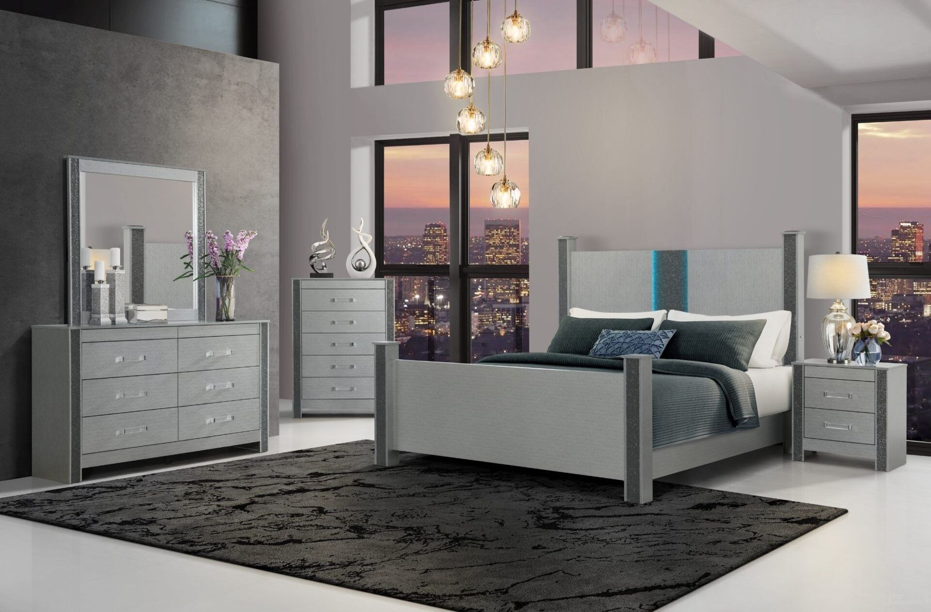 Logan Bedroom Set with LED and Speakers In Silver