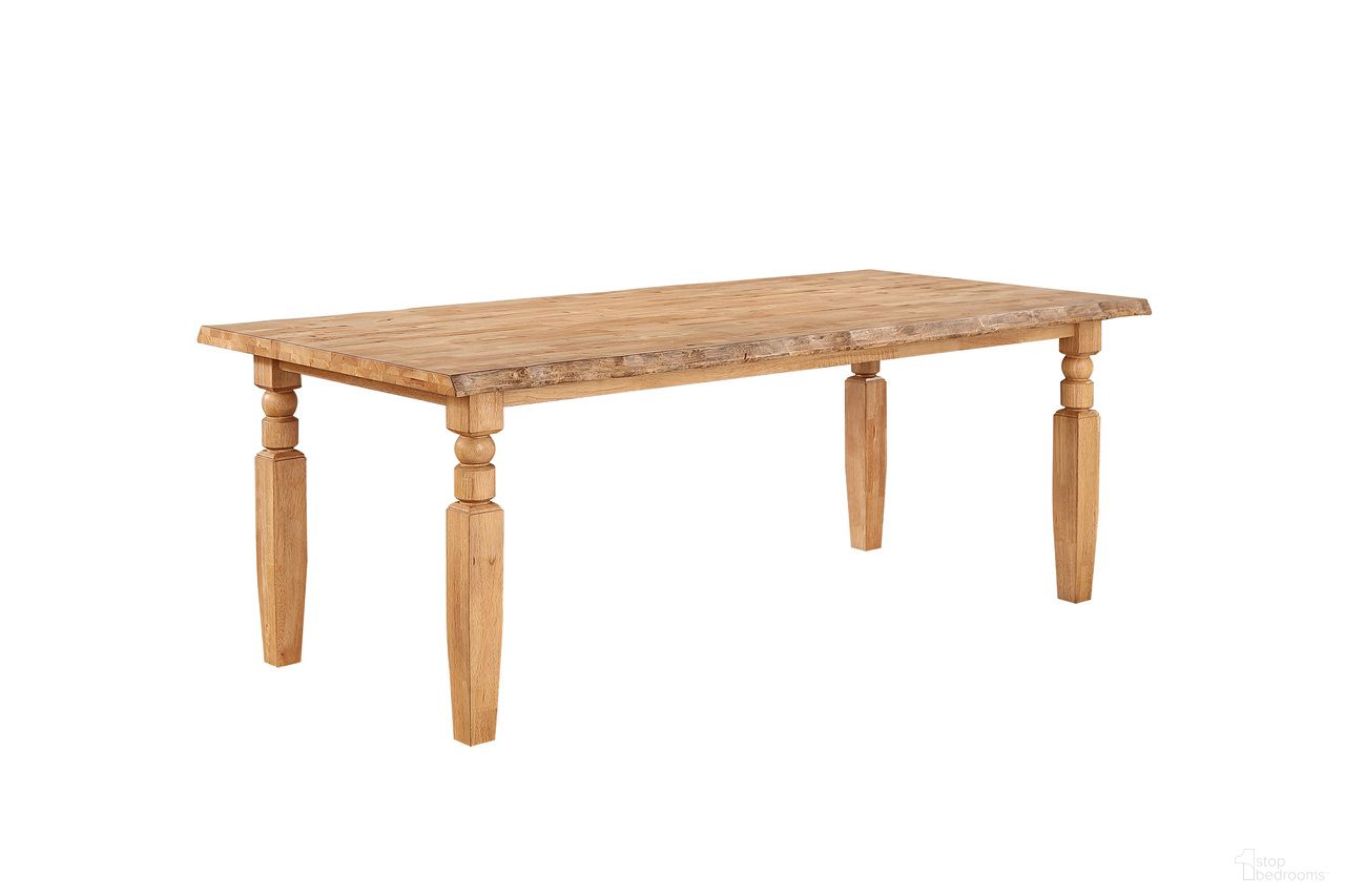 The appearance of Logan's Edge Leg Dining Table with Live Edge In Natural designed by ECI in the rustic / southwestern interior design. This natural piece of furniture was selected by 1StopBedrooms from Logan's Edge Collection to add a touch of cosiness and style into your home. Sku: 1457-55-LT. Table Base Style: Legs. Table Top Shape: Rectangular. Size: 78" x 38". Material: Hardwood.
