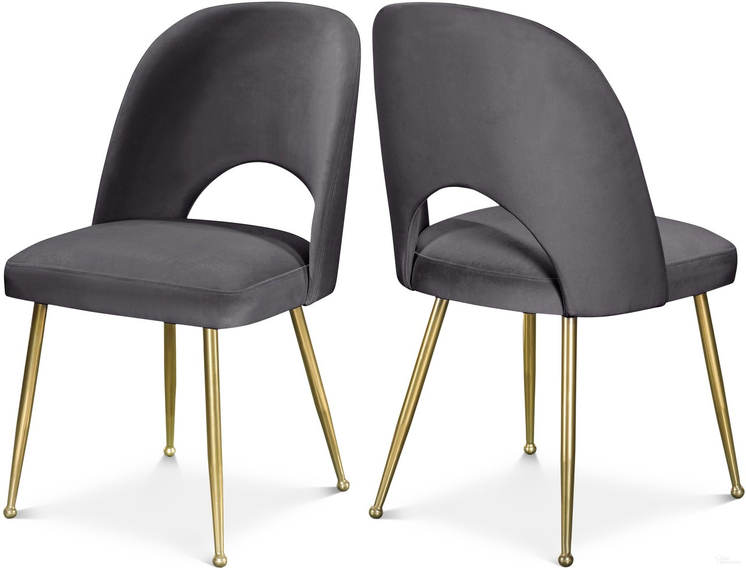 The appearance of Logan Velvet Dining Chair Set of 2 In Grey designed by Meridian in the modern / contemporary interior design. This grey piece of furniture was selected by 1StopBedrooms from Logan Collection to add a touch of cosiness and style into your home. Sku: 990Grey-C. Material: Velvet. Chair Type: Side Chair.