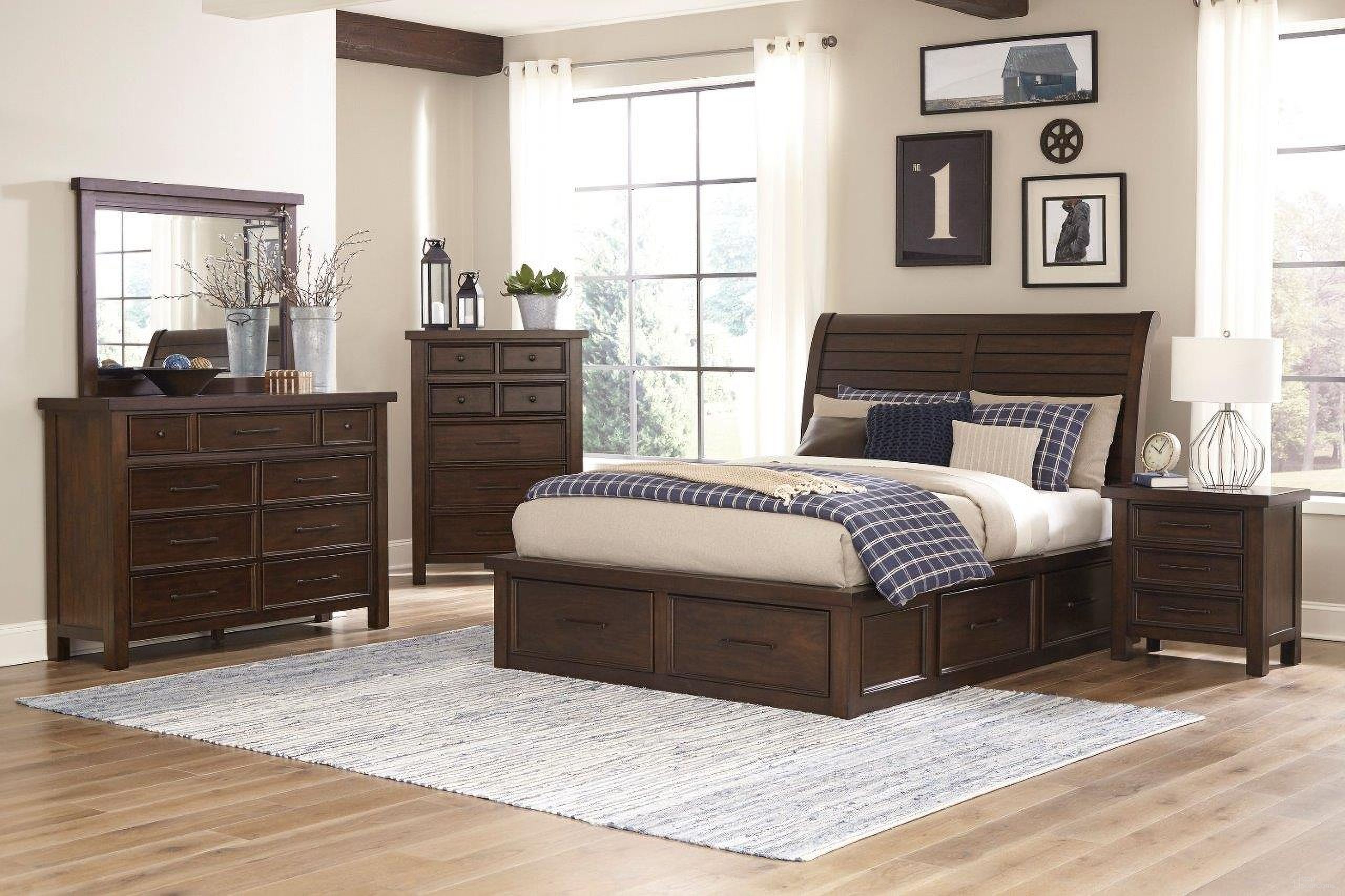 The appearance of Logandale Brown Storage Poster Bedroom Set designed by Homelegance in the transitional interior design. This brown piece of furniture  was selected by 1StopBedrooms from Logandale Collection to add a touch of cosiness and style into your home. Sku: 1559-1;1559-2;1559-3DW;1559-4. Bed Type: Platform Bed. Material: Wood. Bed Size: Queen.