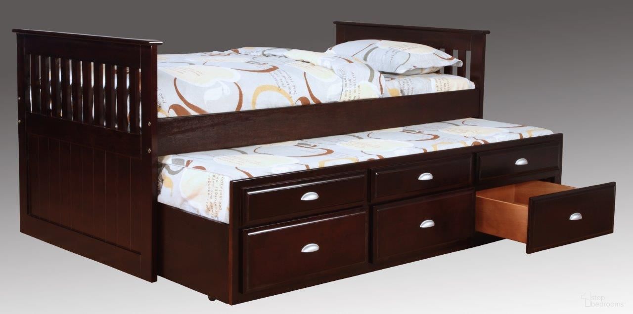 The appearance of Logans Captain's Twin Over Twin Bed In Merlot designed by Bernell in the transitional interior design. This merlot piece of furniture was selected by 1StopBedrooms from Logans Collection to add a touch of cosiness and style into your home. Sku: 501. Bed Type: Platform Bed. Bed Size: Twin Over Twin. Material: Solid Pine.