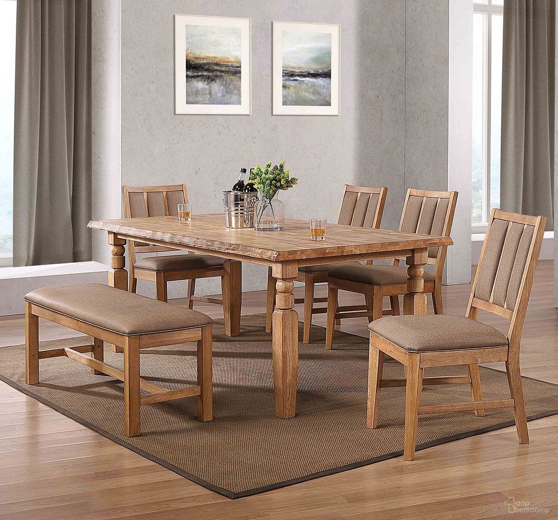 The appearance of Logans Edge Leg Dining Room Set with Live Edge In Natural designed by ECI in the rustic / southwestern interior design. This natural piece of furniture was selected by 1StopBedrooms from Logan's Edge Collection to add a touch of cosiness and style into your home. Sku: 1457-55-LT;1457-55-S1-. Table Top Shape: Rectangular. Size: 78" x 38". Material: Hardwood.